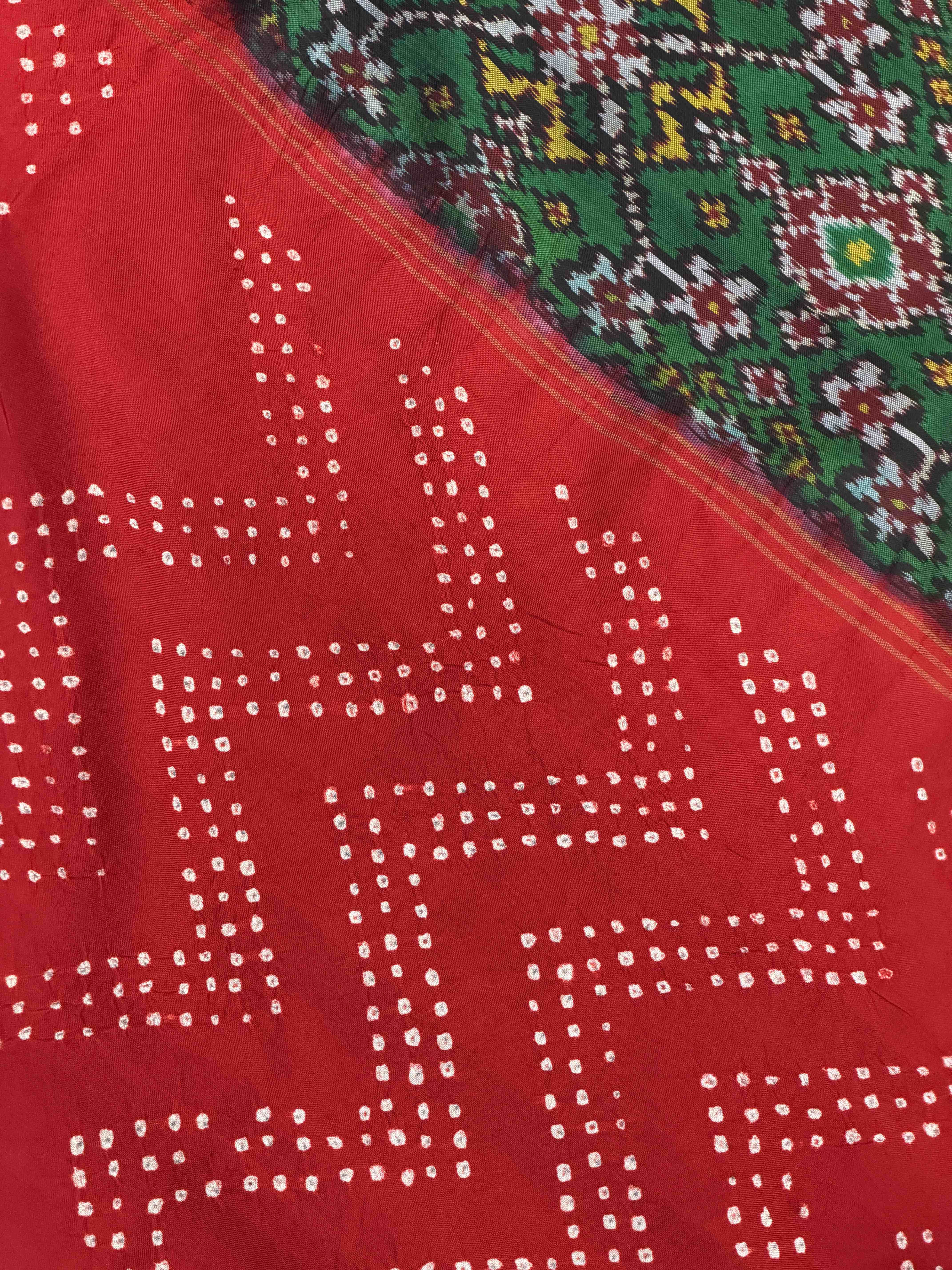 red & green semi double ikat bandhani patola saree