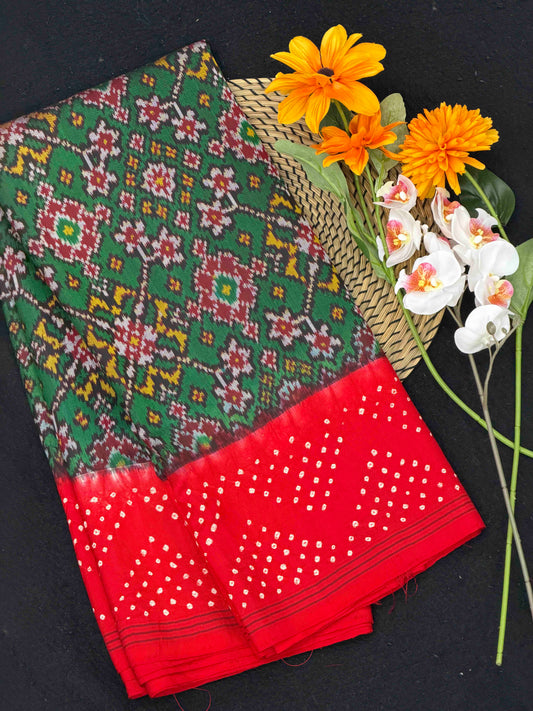 red & green semi double ikat bandhani patola saree