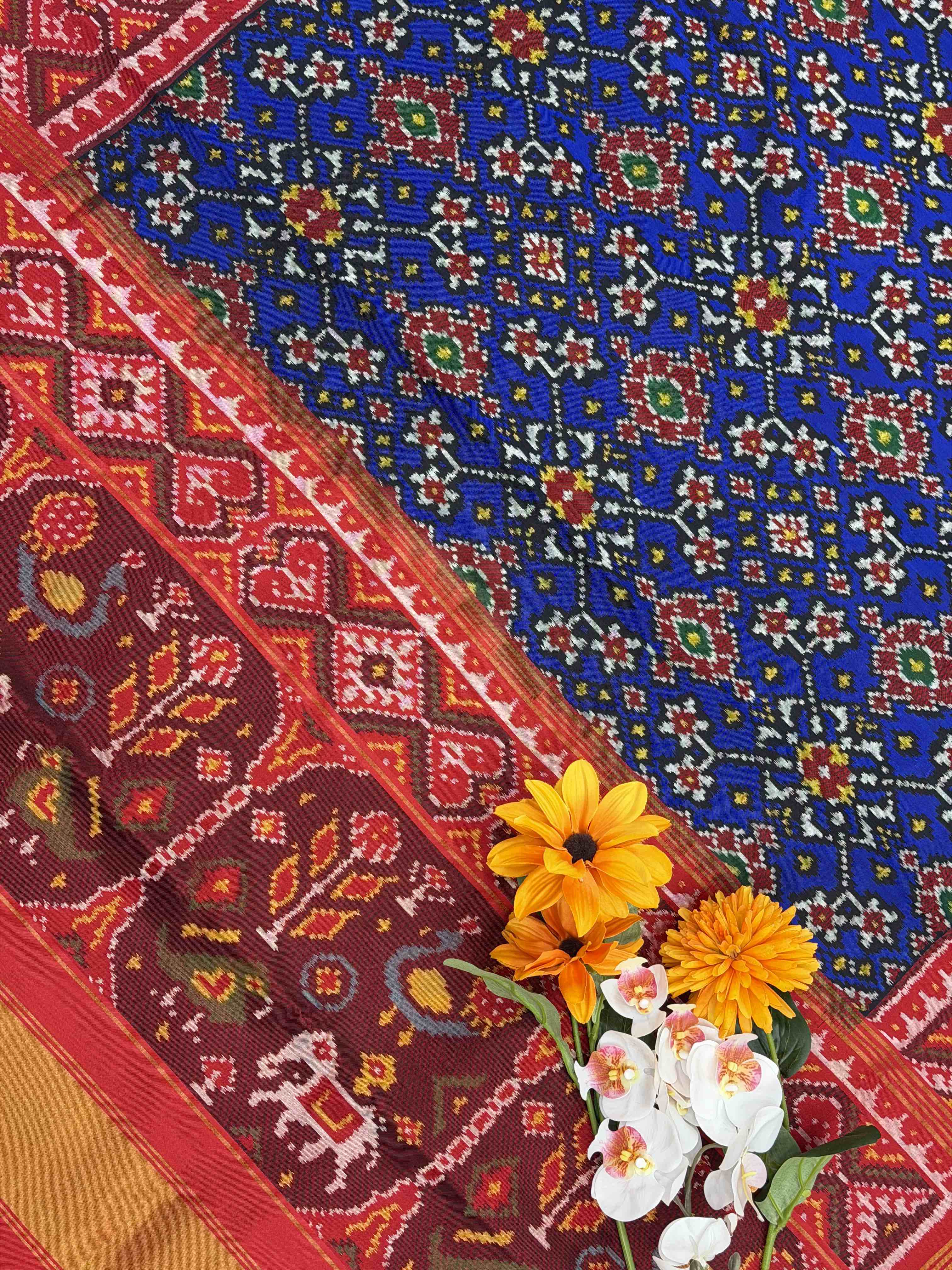 Red & Blue Navaratan Single Ikat Patola Saree
