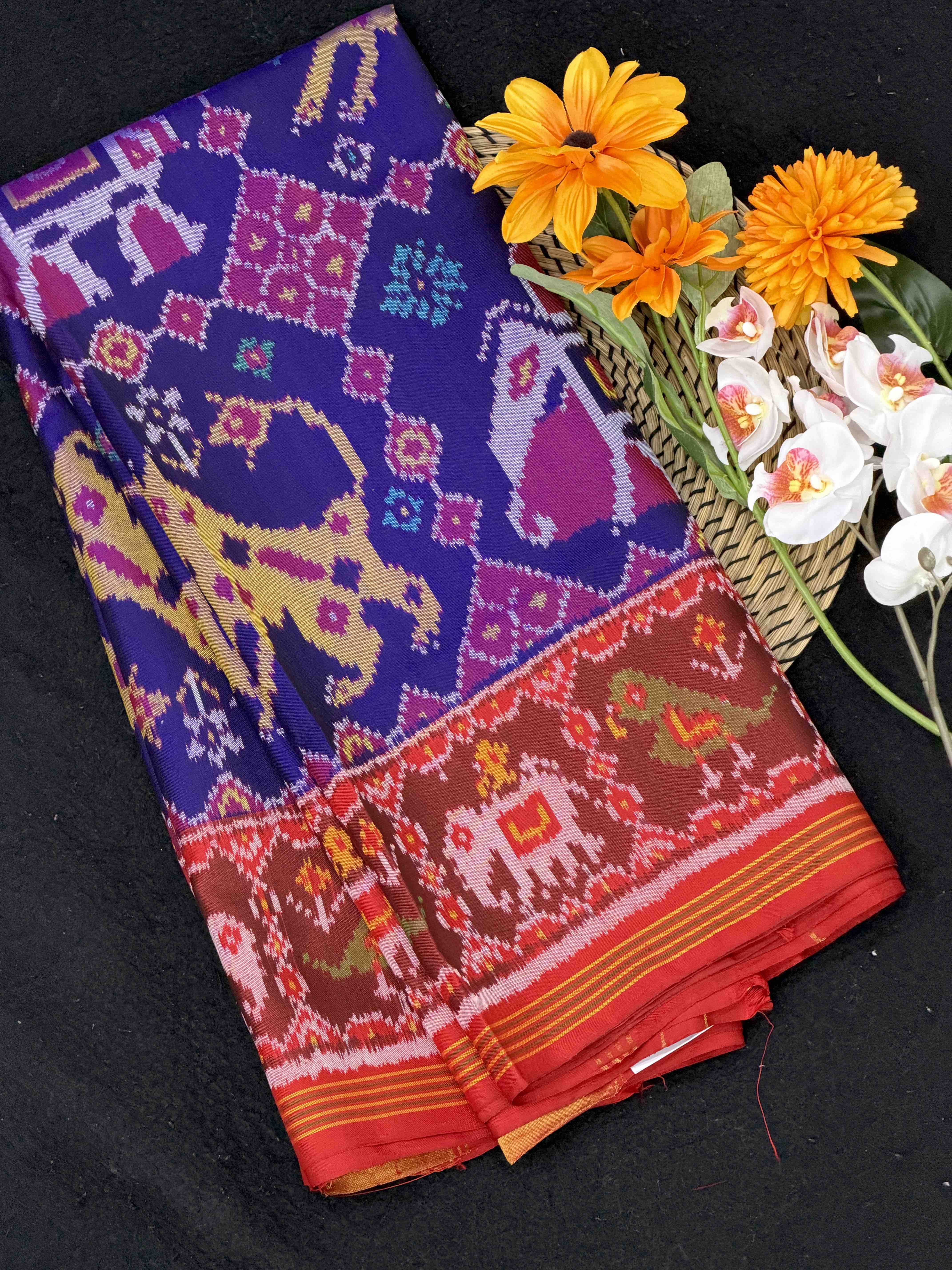 Red & Blue Big Figure Narikunj Semi Double Ikat Patola Saree