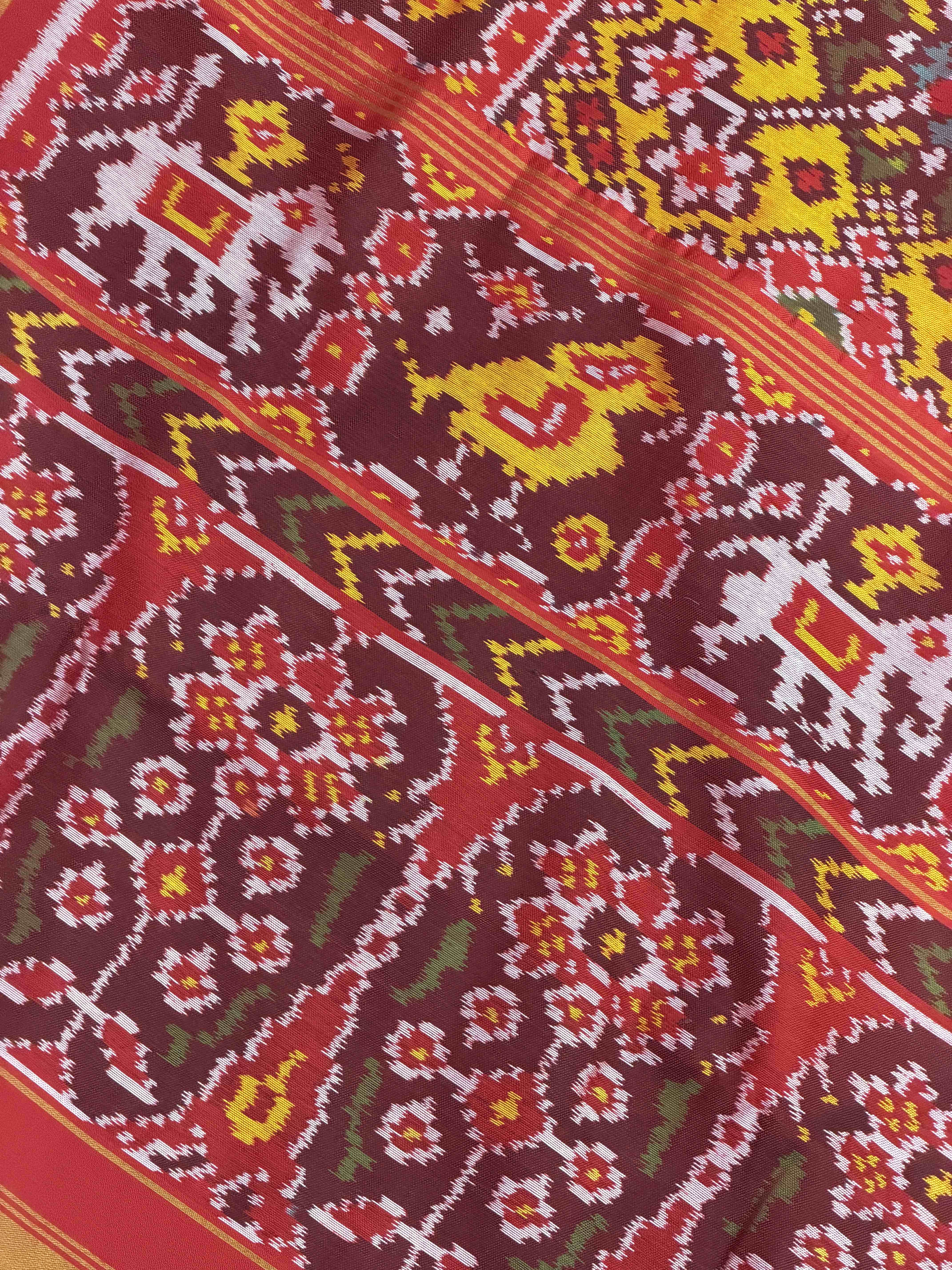 Maroon & Musterd Navaratan Narikunj border single Ikat Patola