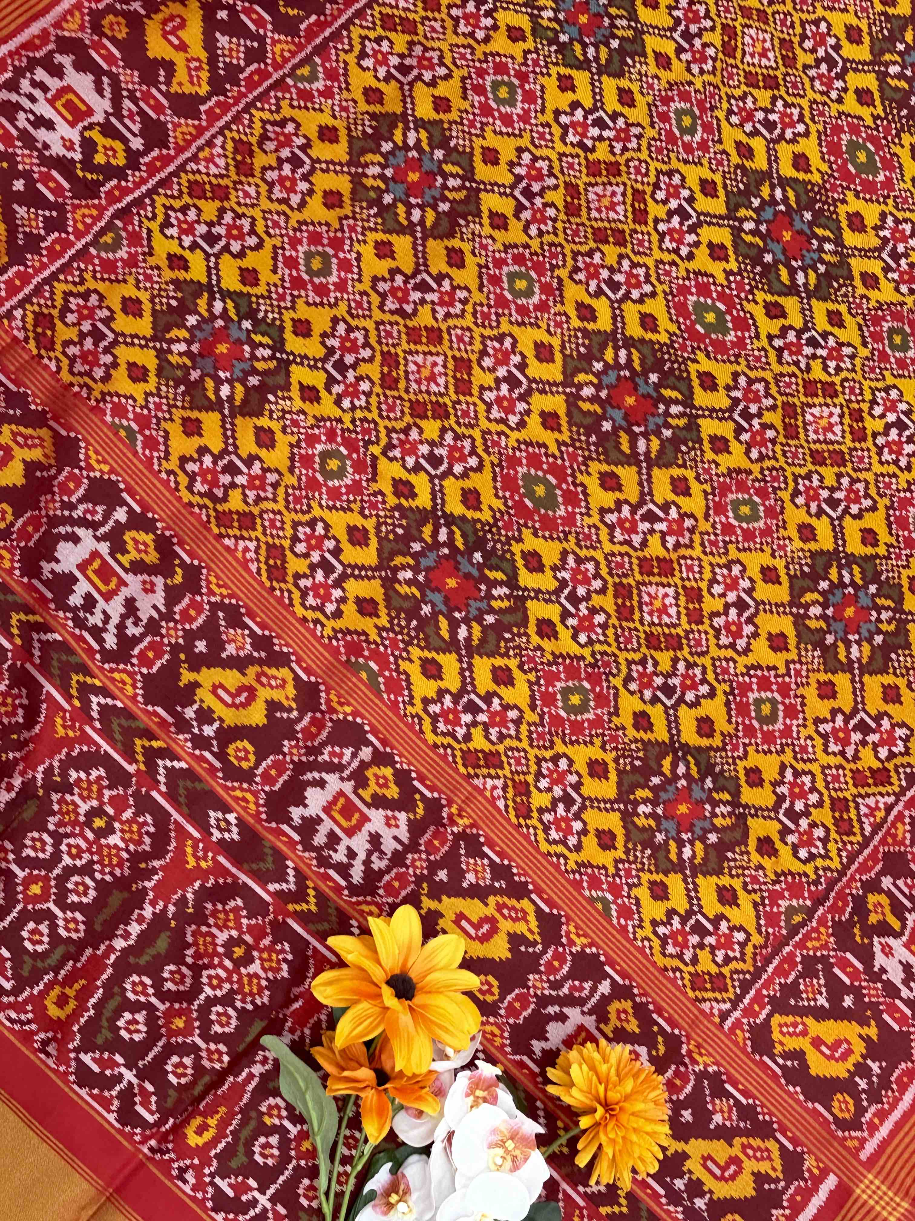 Maroon & Musterd Navaratan Narikunj border single Ikat Patola
