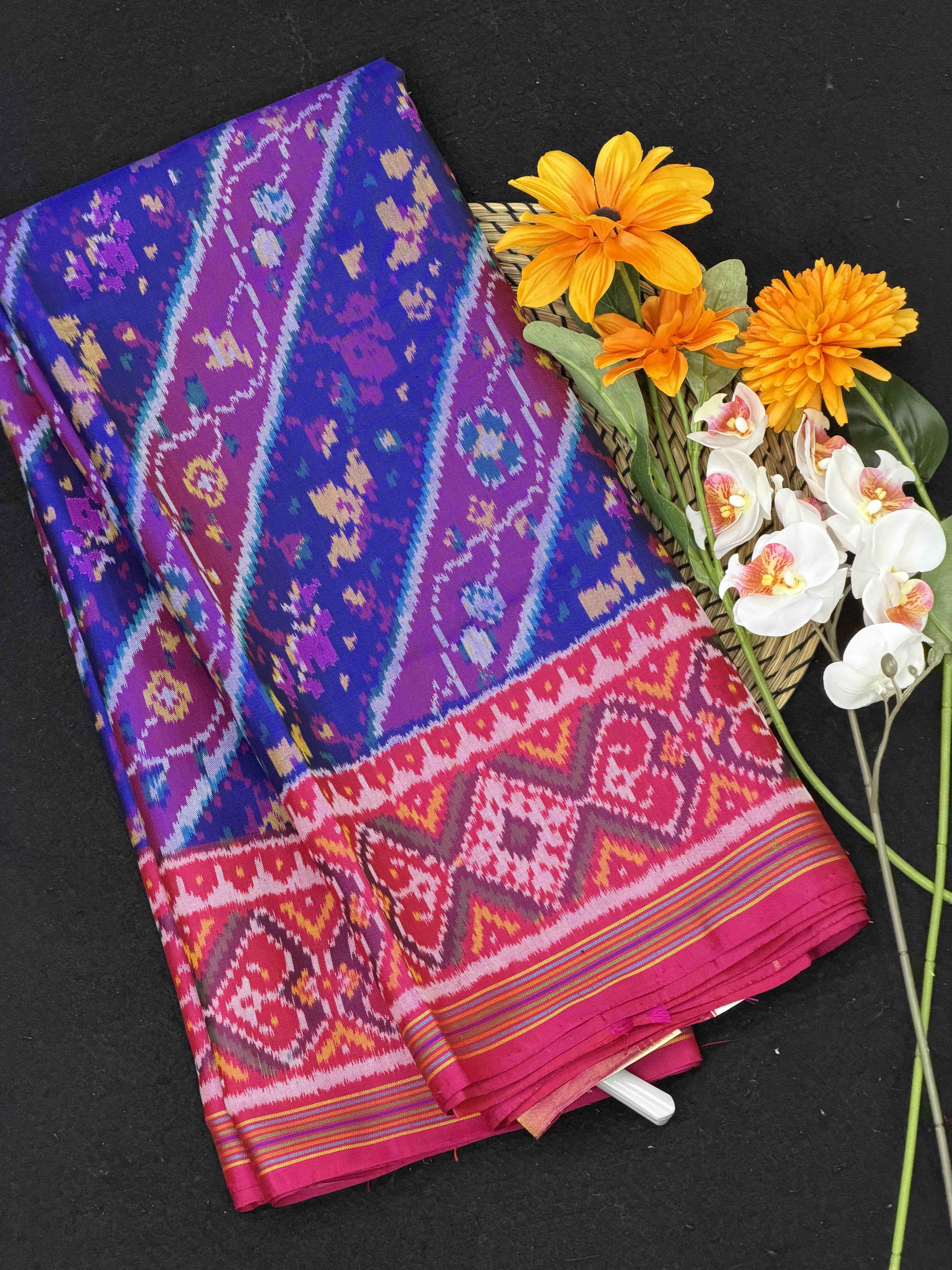 Pink & Blue Leaves Leheriya Patola Saree