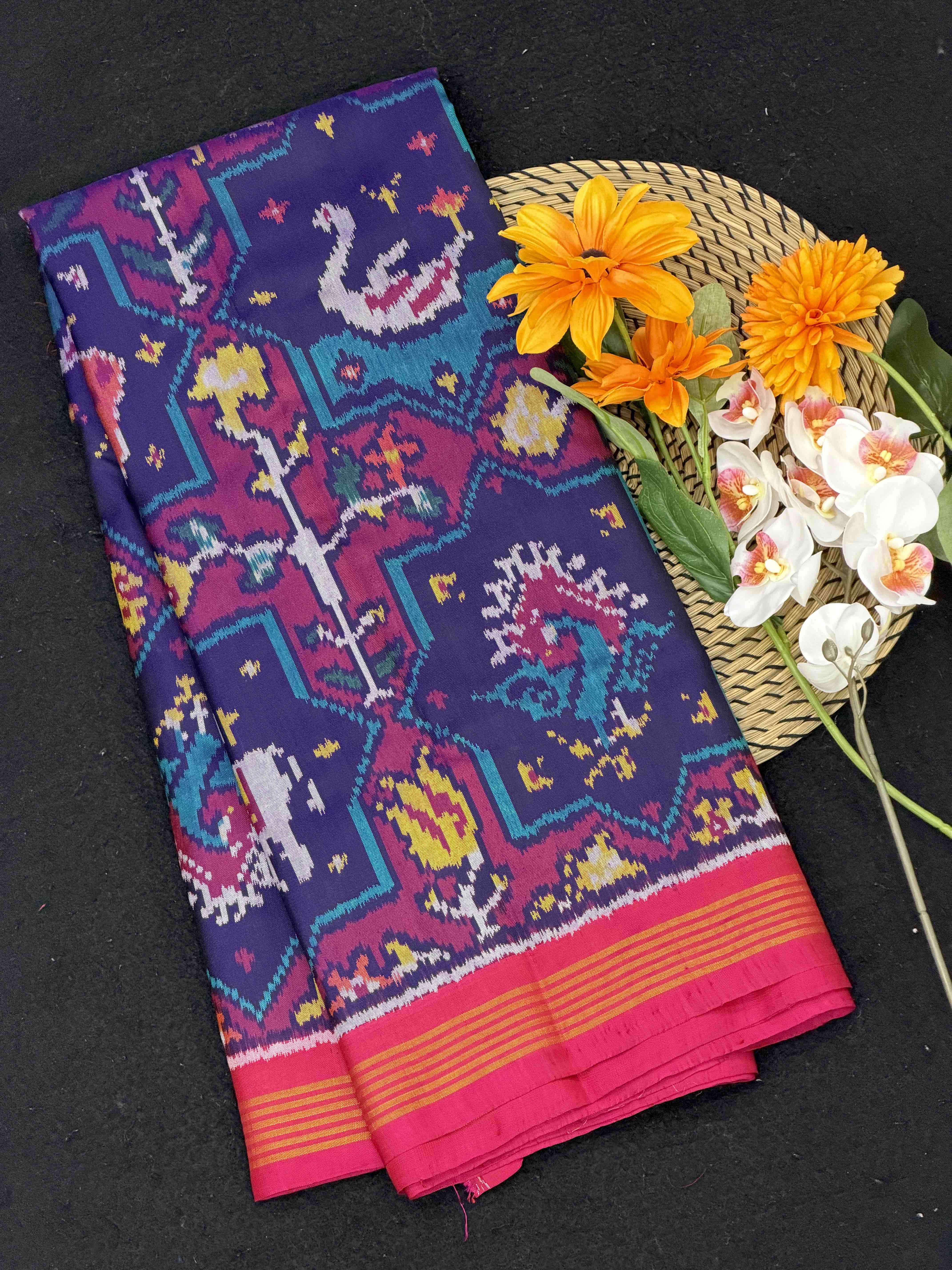 Pink & Blue star Design Single Ikat Patola Saree