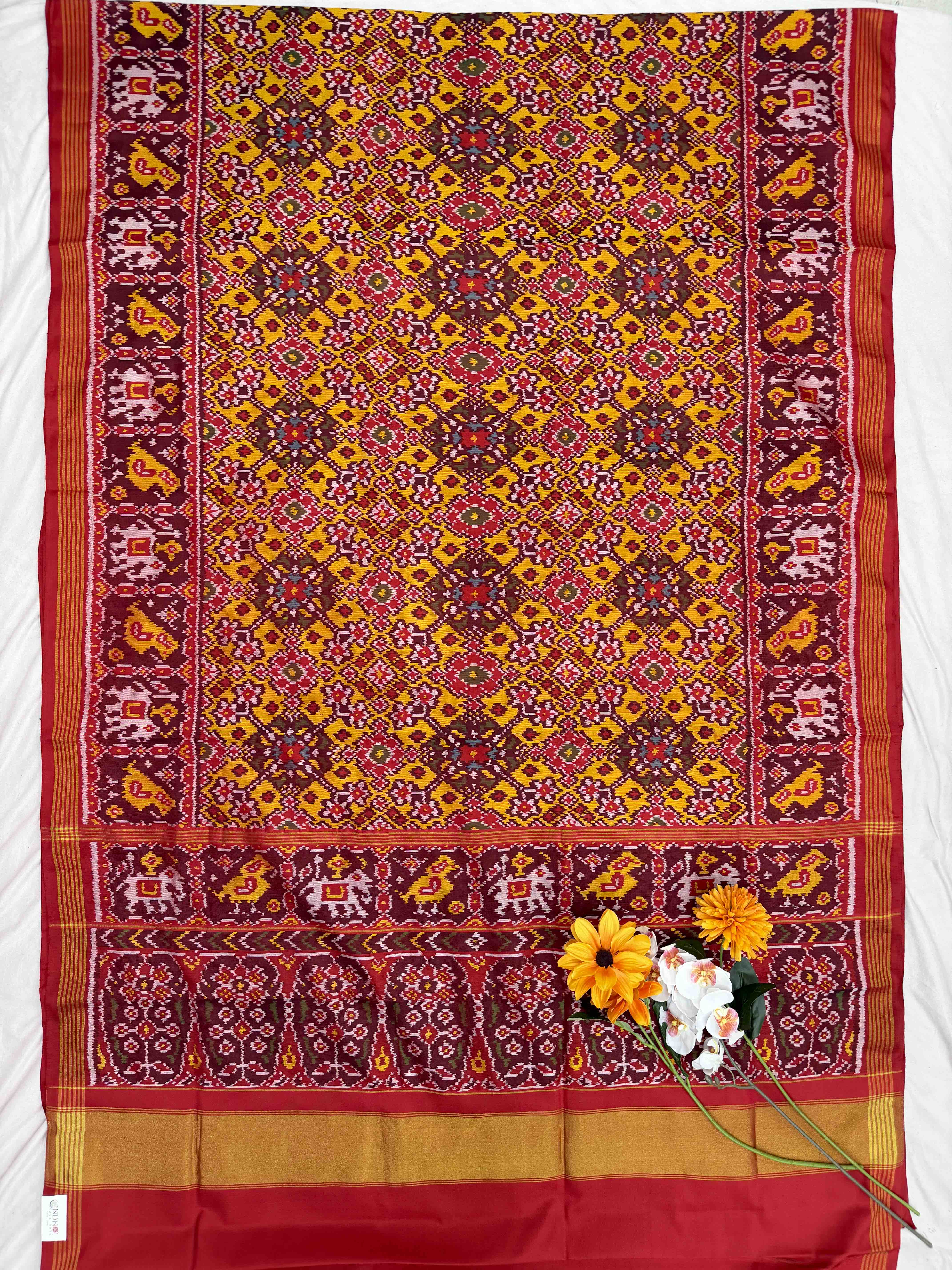 Maroon & Musterd Navaratan Narikunj border Patola Saree