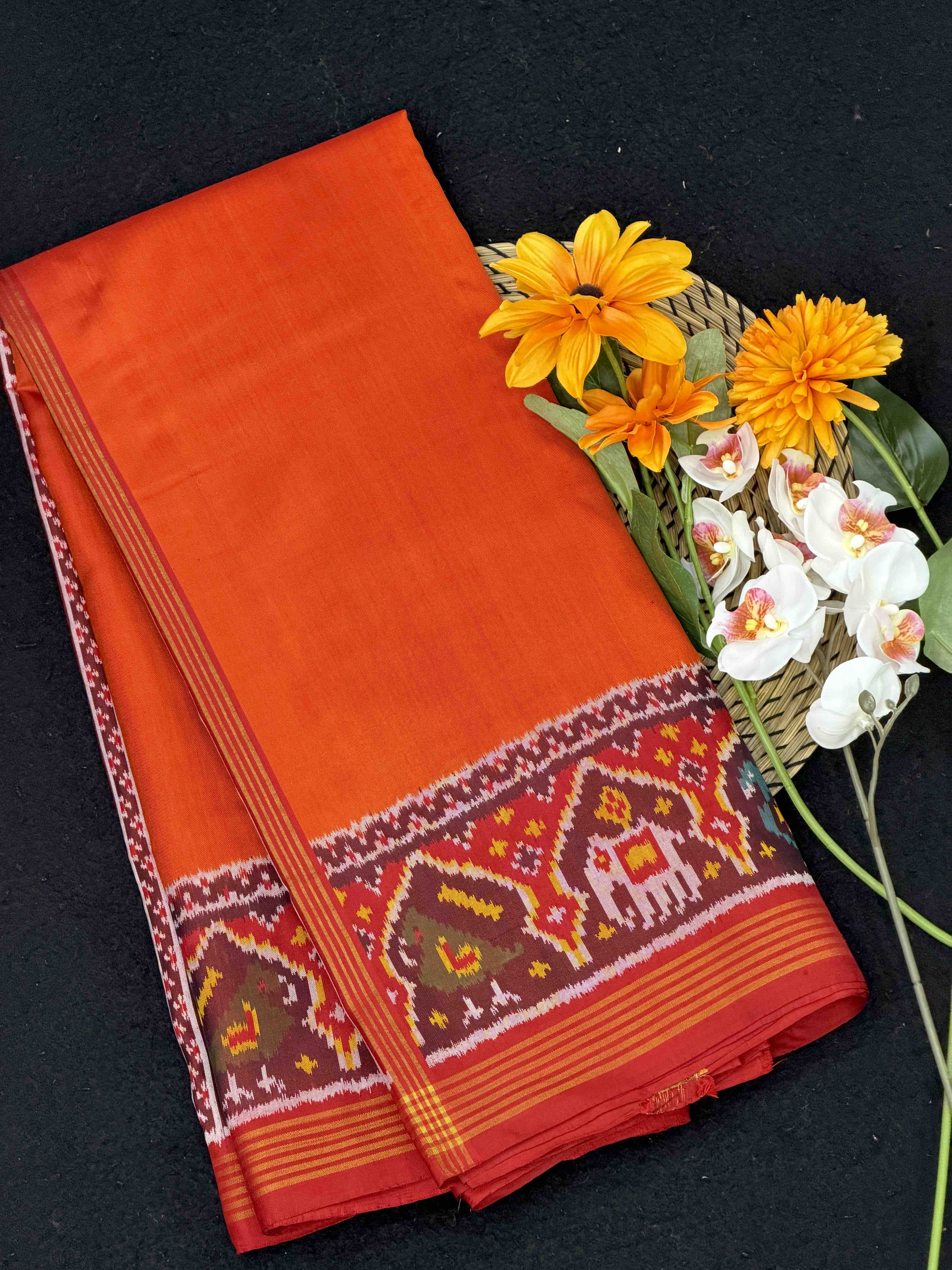 Red & Orange plain Gala border Patola saree
