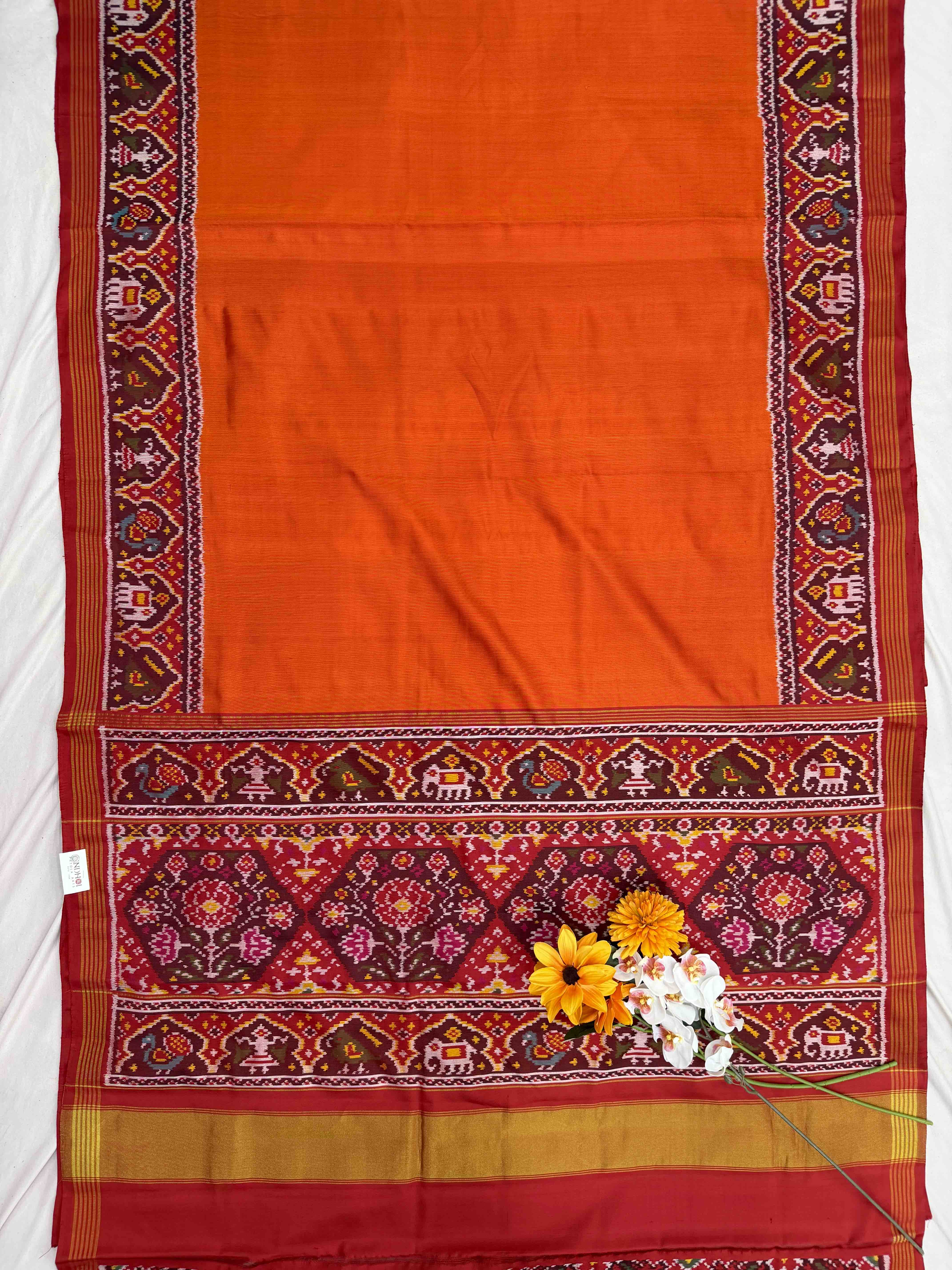 Red & Orange plain Gala border Patola saree