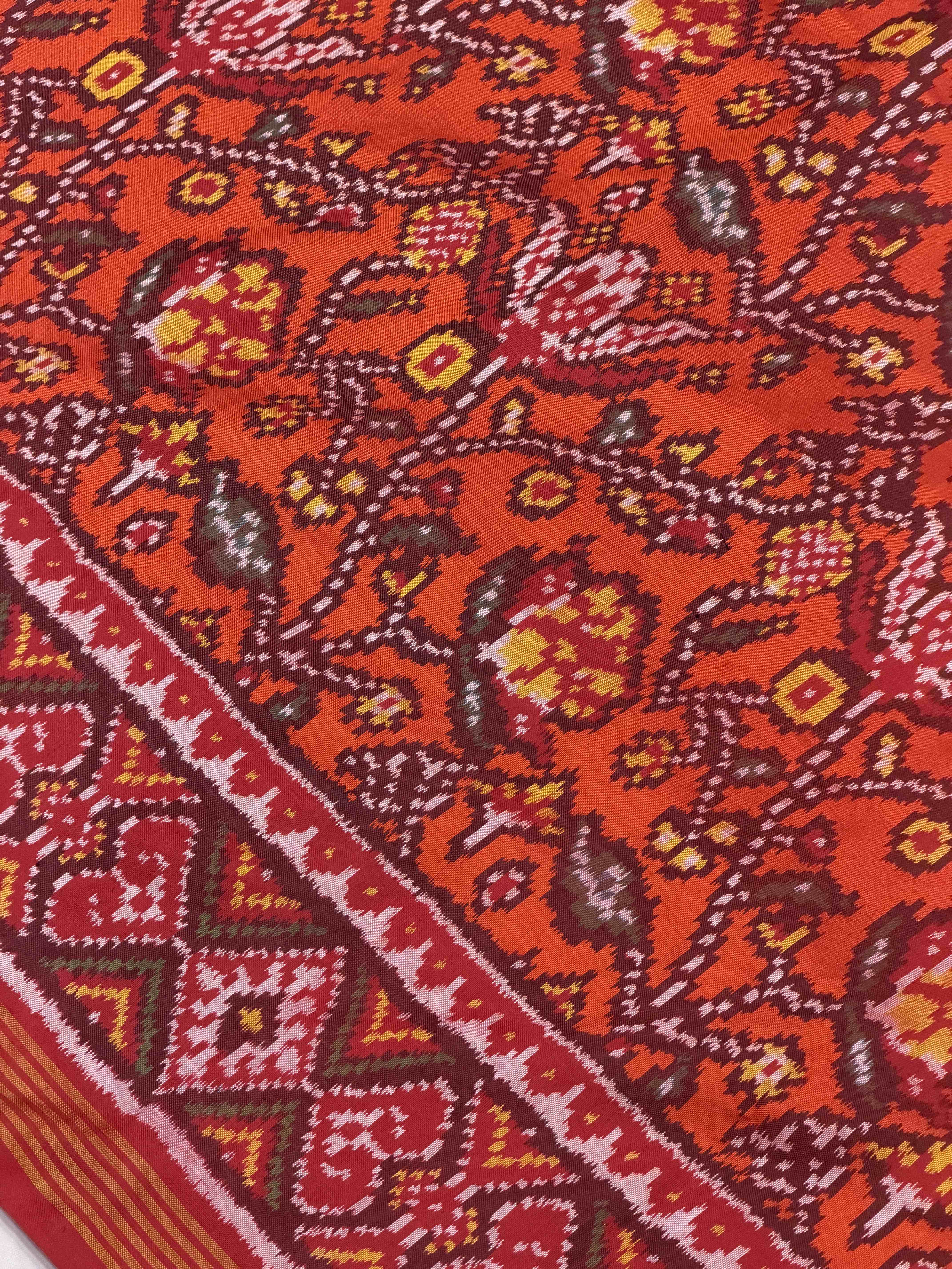 Red & Orange floral Single Ikat Patola Saree