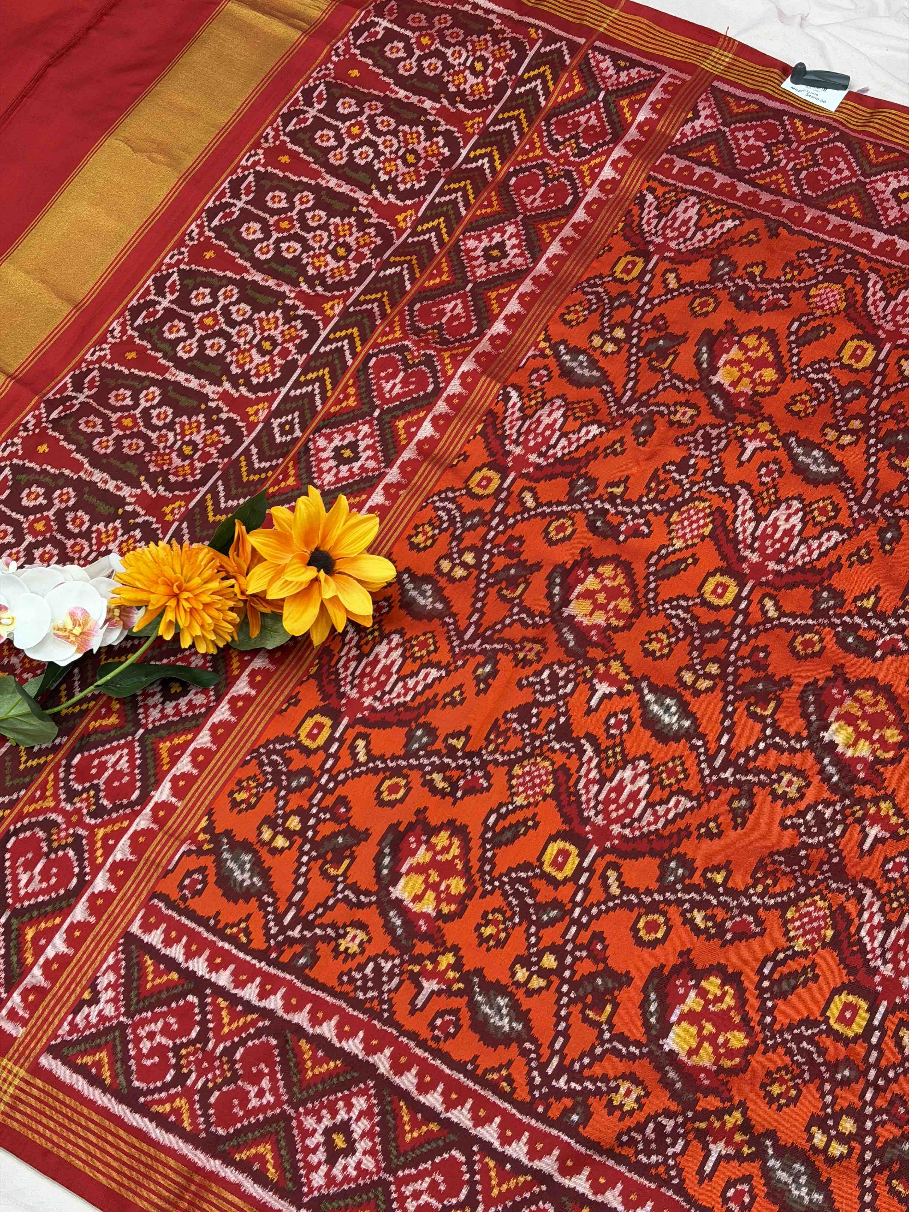 Red & Orange floral Single Ikat Patola Saree