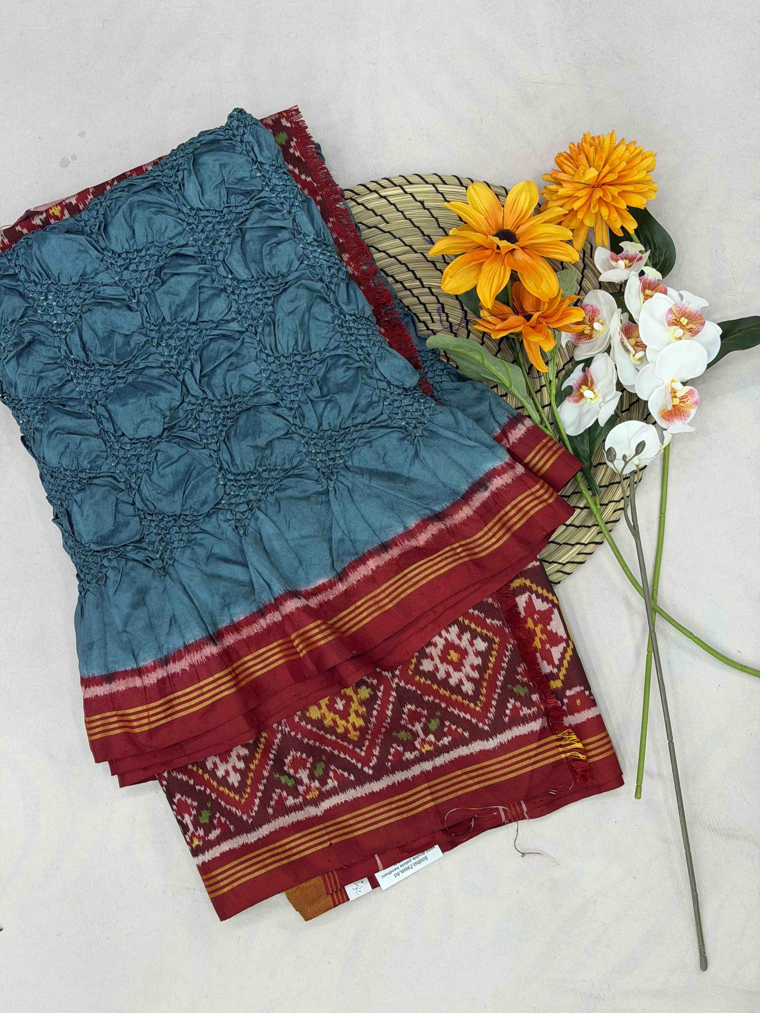 Red & Bluish grey Semi patan Patola Bandhani fusion
