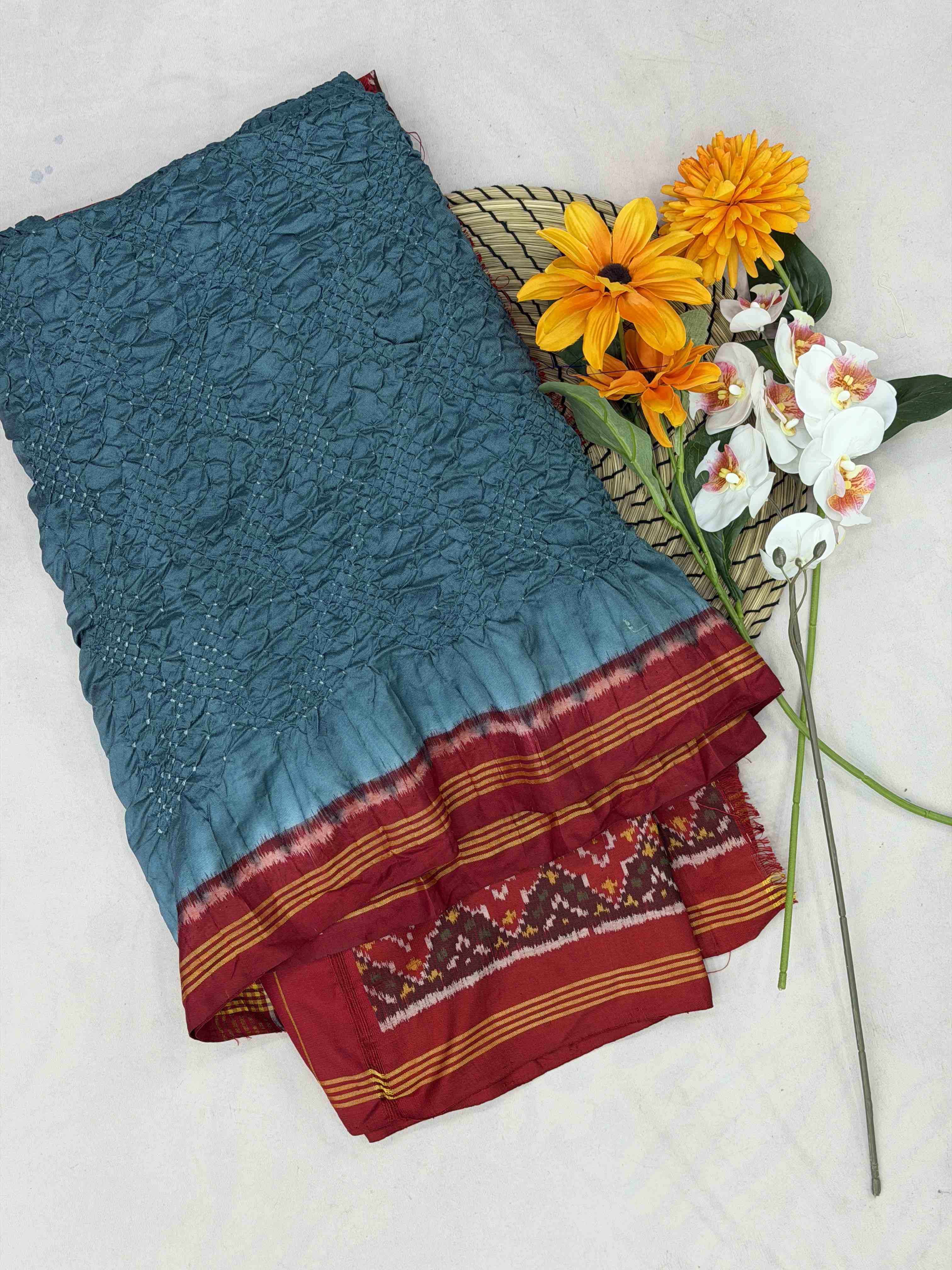 Red & Bluish Grey Semi double Ikat Patola Saree with Bandhani fusion