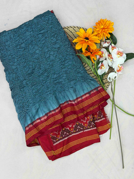 Red & Bluish Grey Semi double Ikat Patola Saree with Bandhani fusion