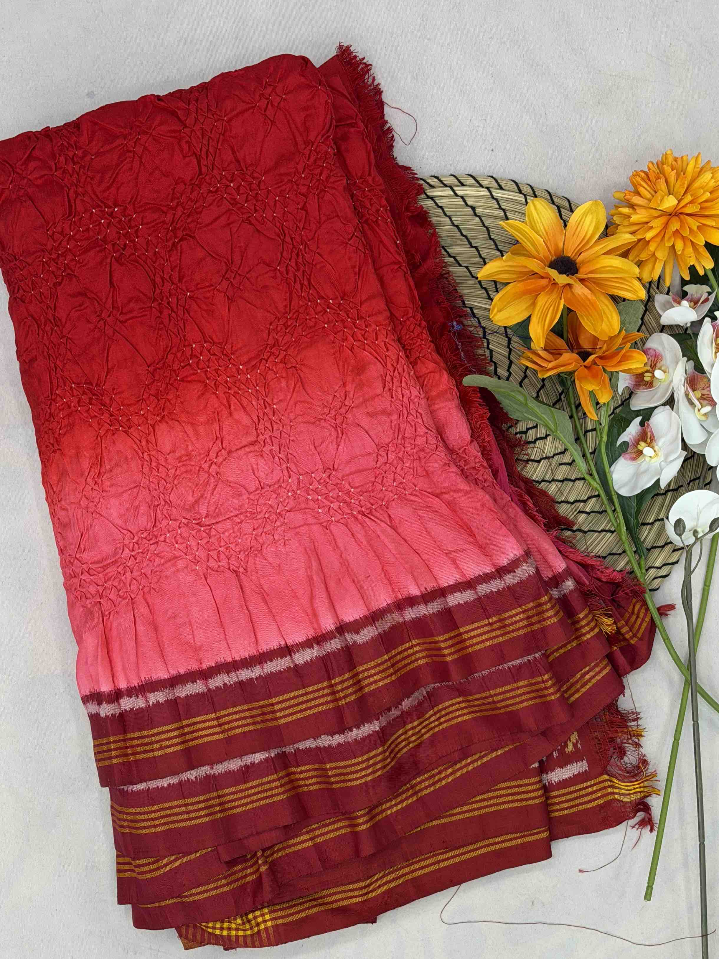 Red & peach Bandhani Patola saree in semi double ikat