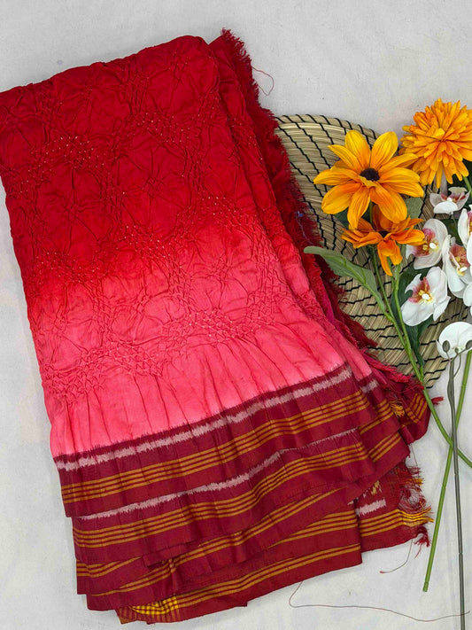 Red & peach Bandhani Patola saree in semi double ikat