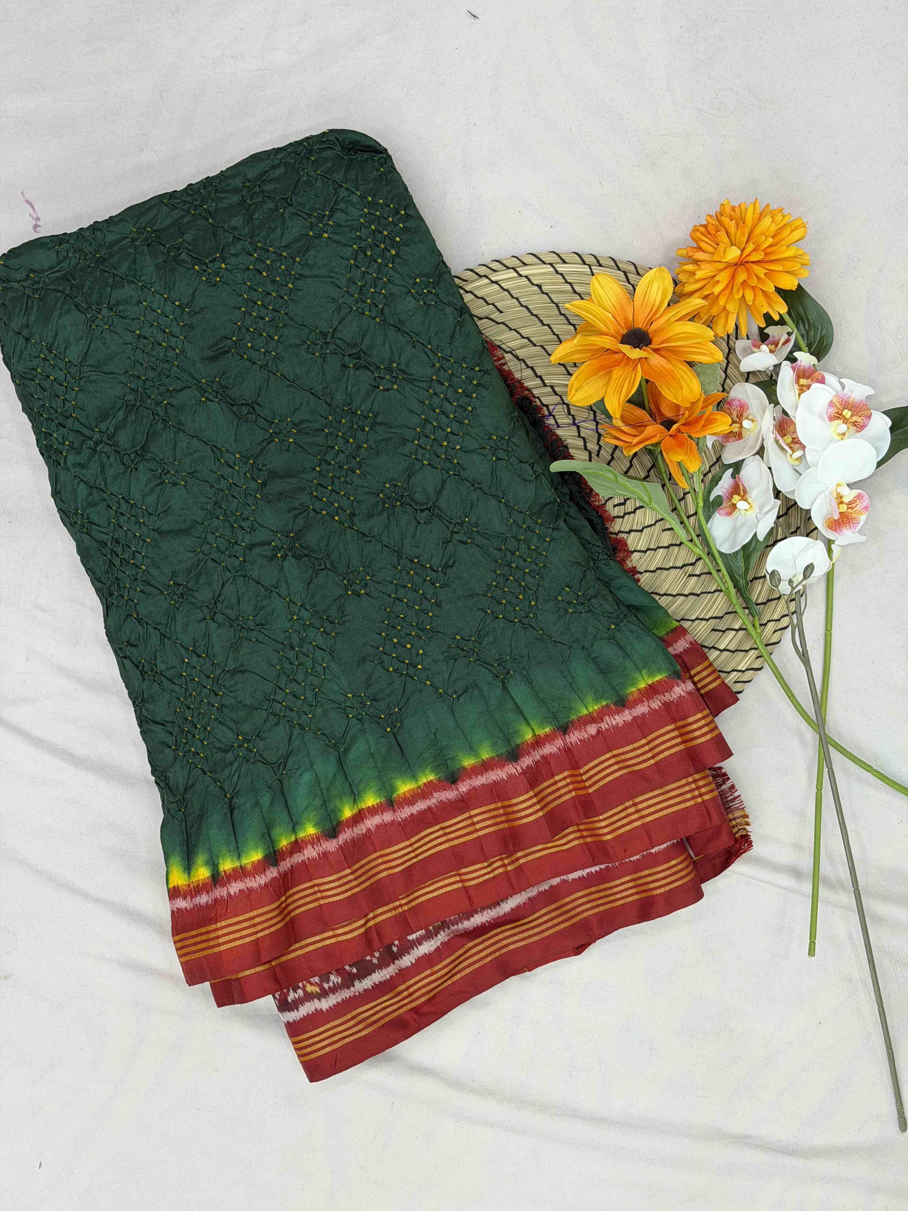Red & Green Semi Patan Bandhani Patola Saree