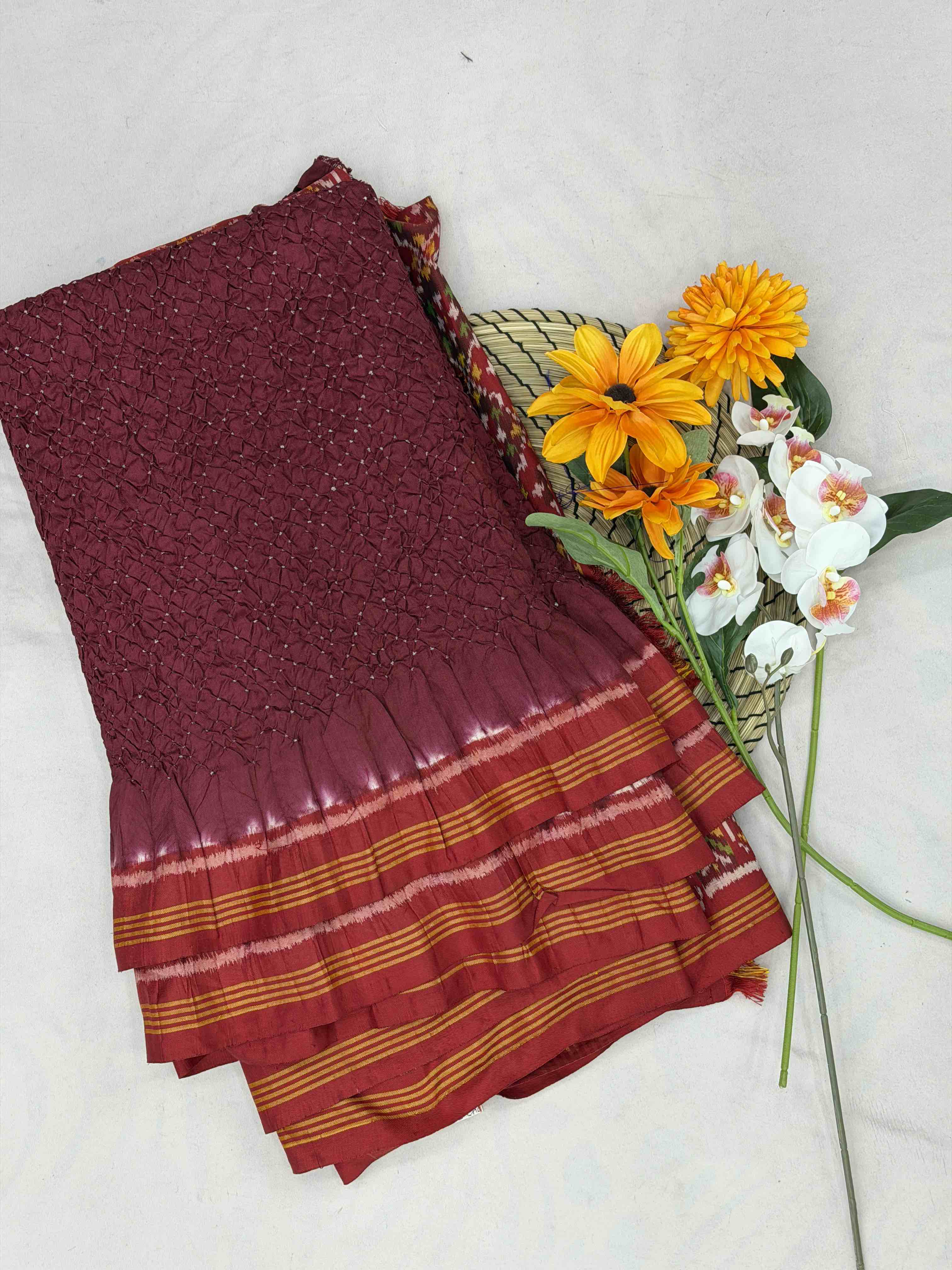 Maroon & Maroon Semi double ikat Bandhani Patola Saree