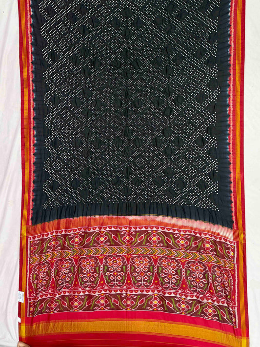 Red & Black Bandhani Patola Saree in semi Double Ikat