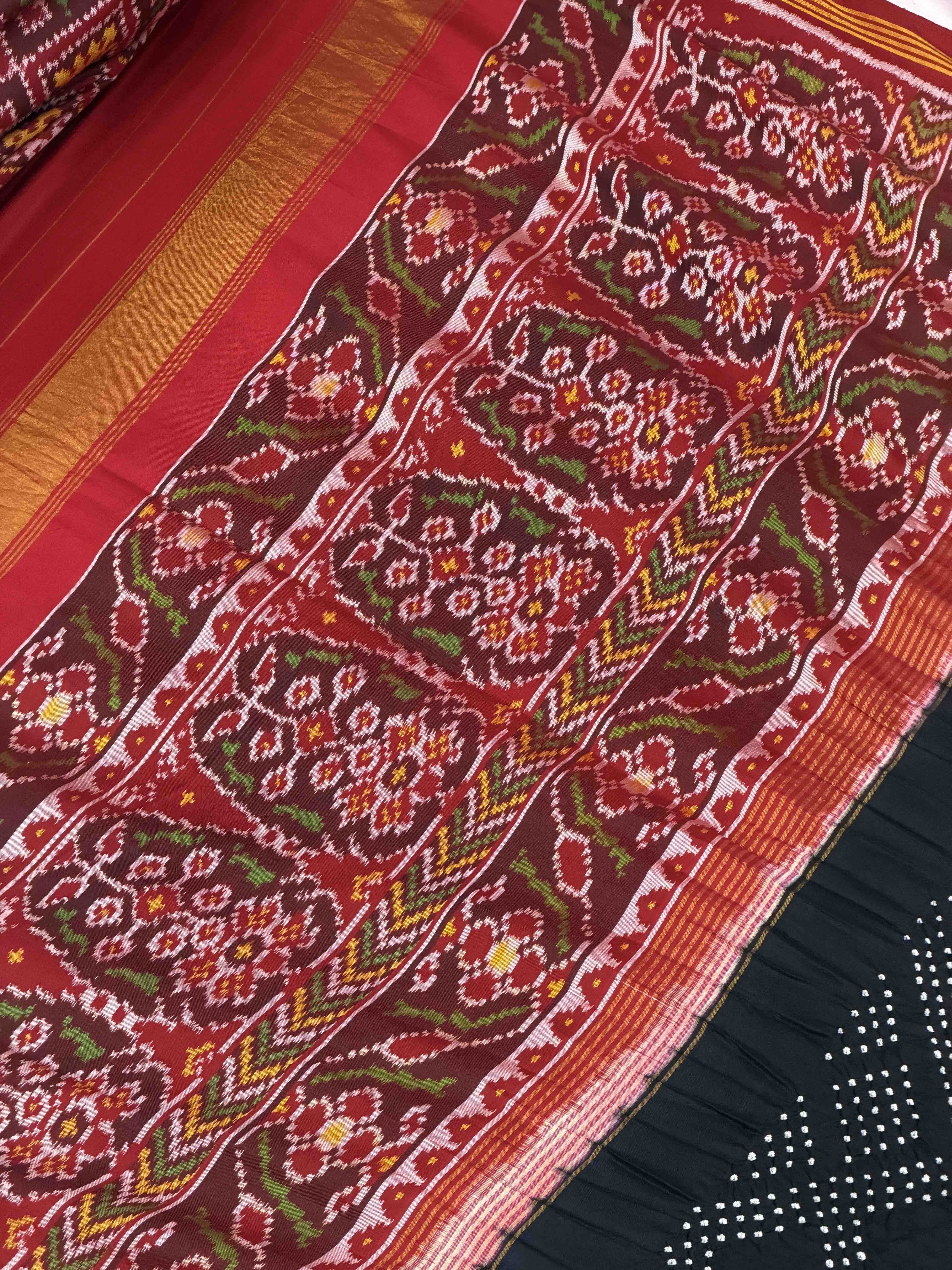 Red & Black Bandhani Patola Saree in semi Double Ikat