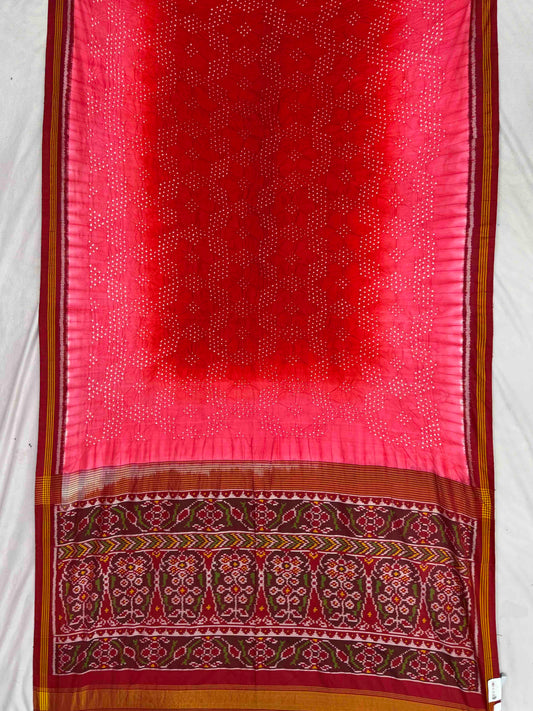 Red & peach Bandhani Patola saree in semi double ikat