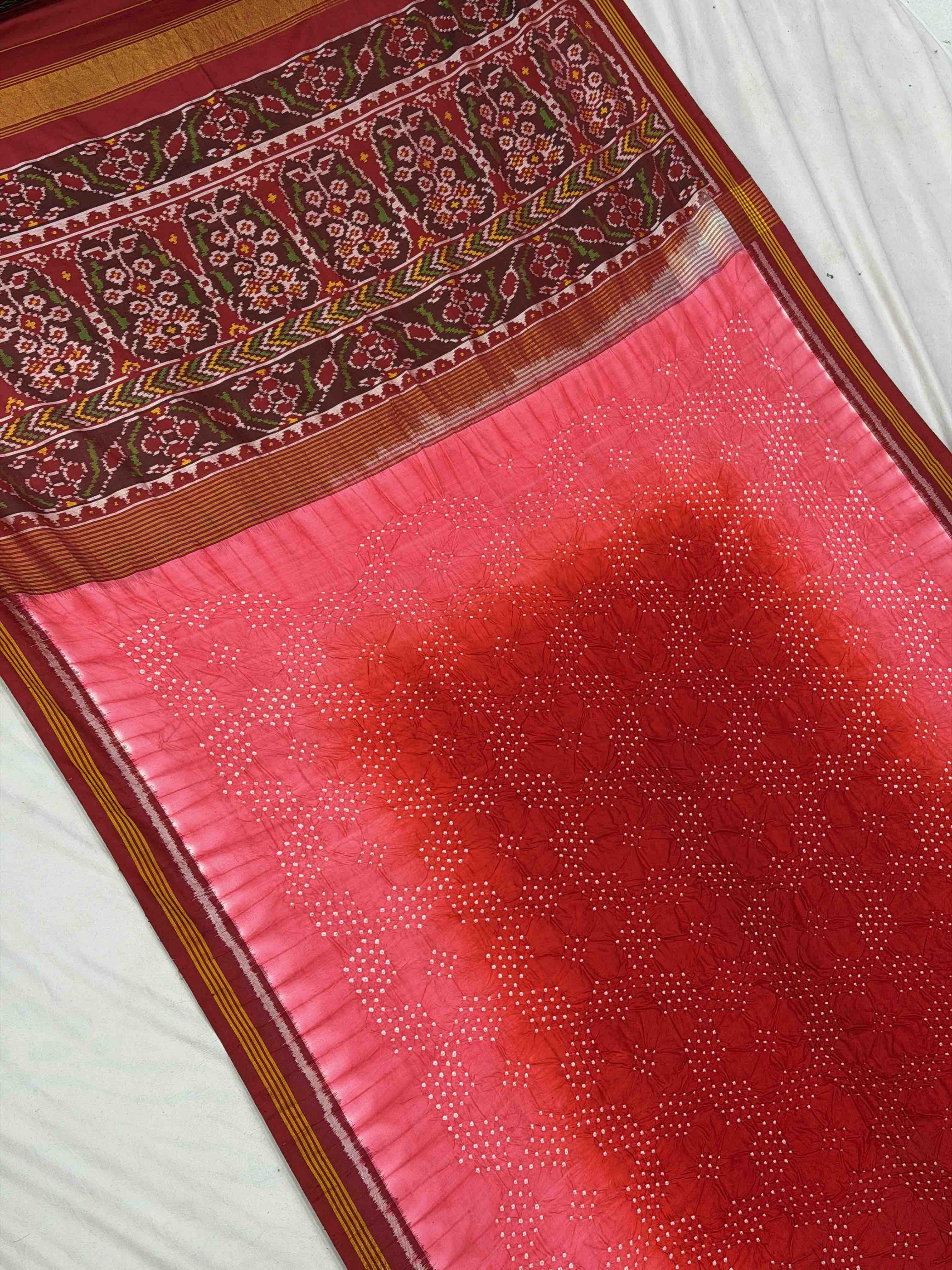 Red & peach Bandhani Patola saree in semi double ikat