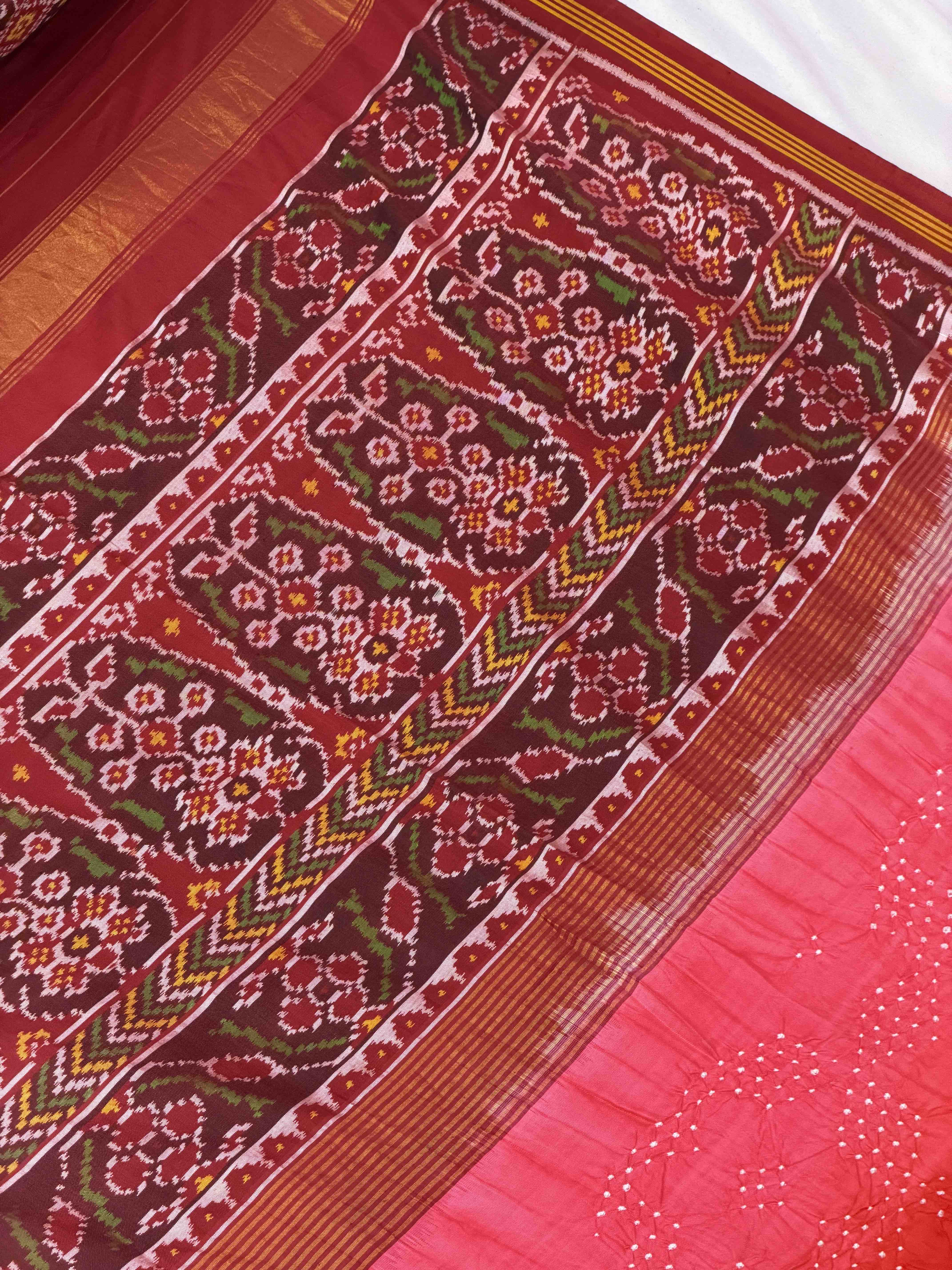 Red & peach Bandhani Patola saree in semi double ikat