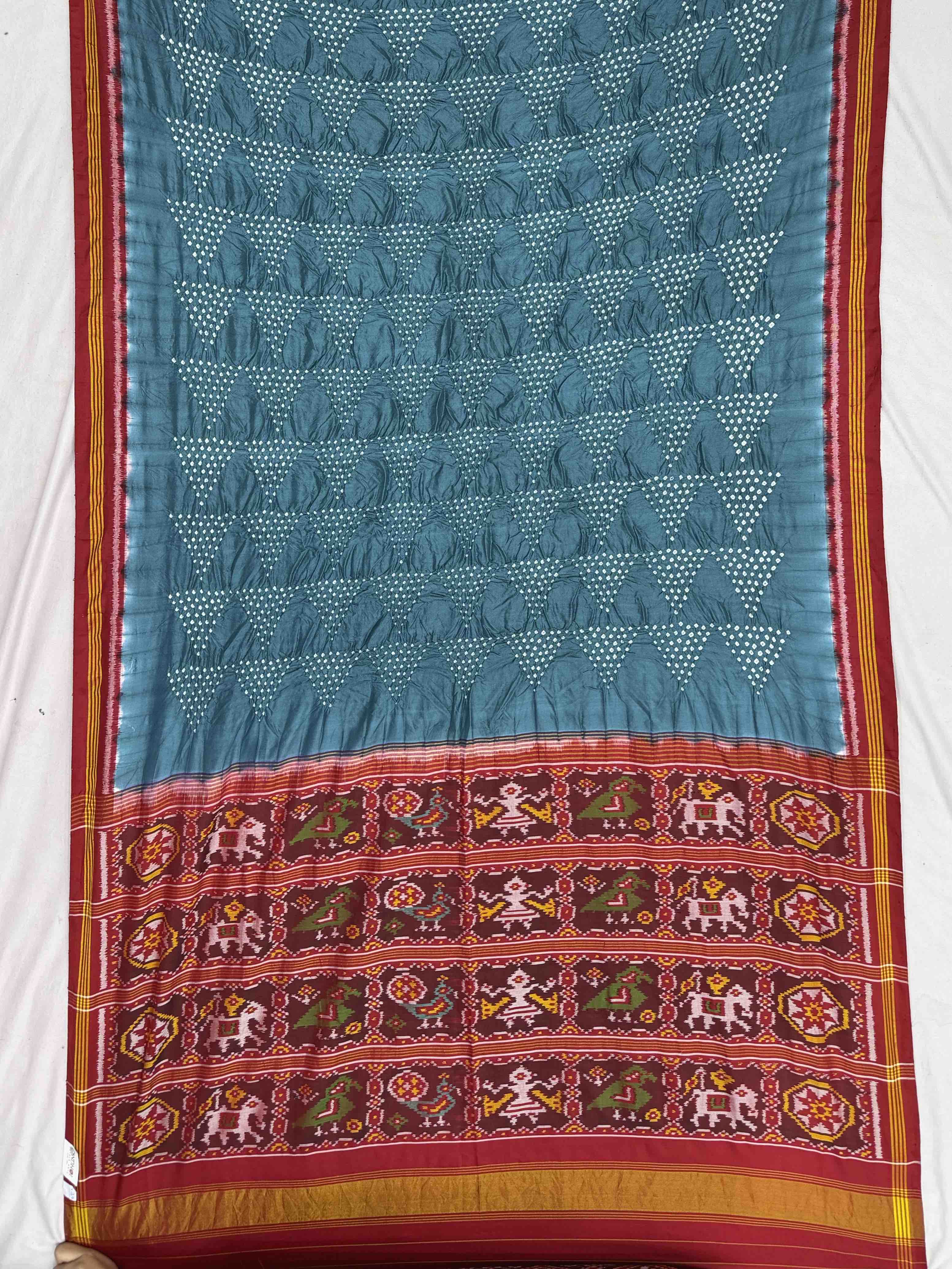 Red & Bluish Grey Semi double Ikat Patola Saree with Bandhani fusion