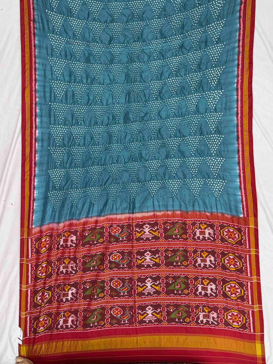 Red & Bluish Grey Semi double Ikat Patola Saree with Bandhani fusion