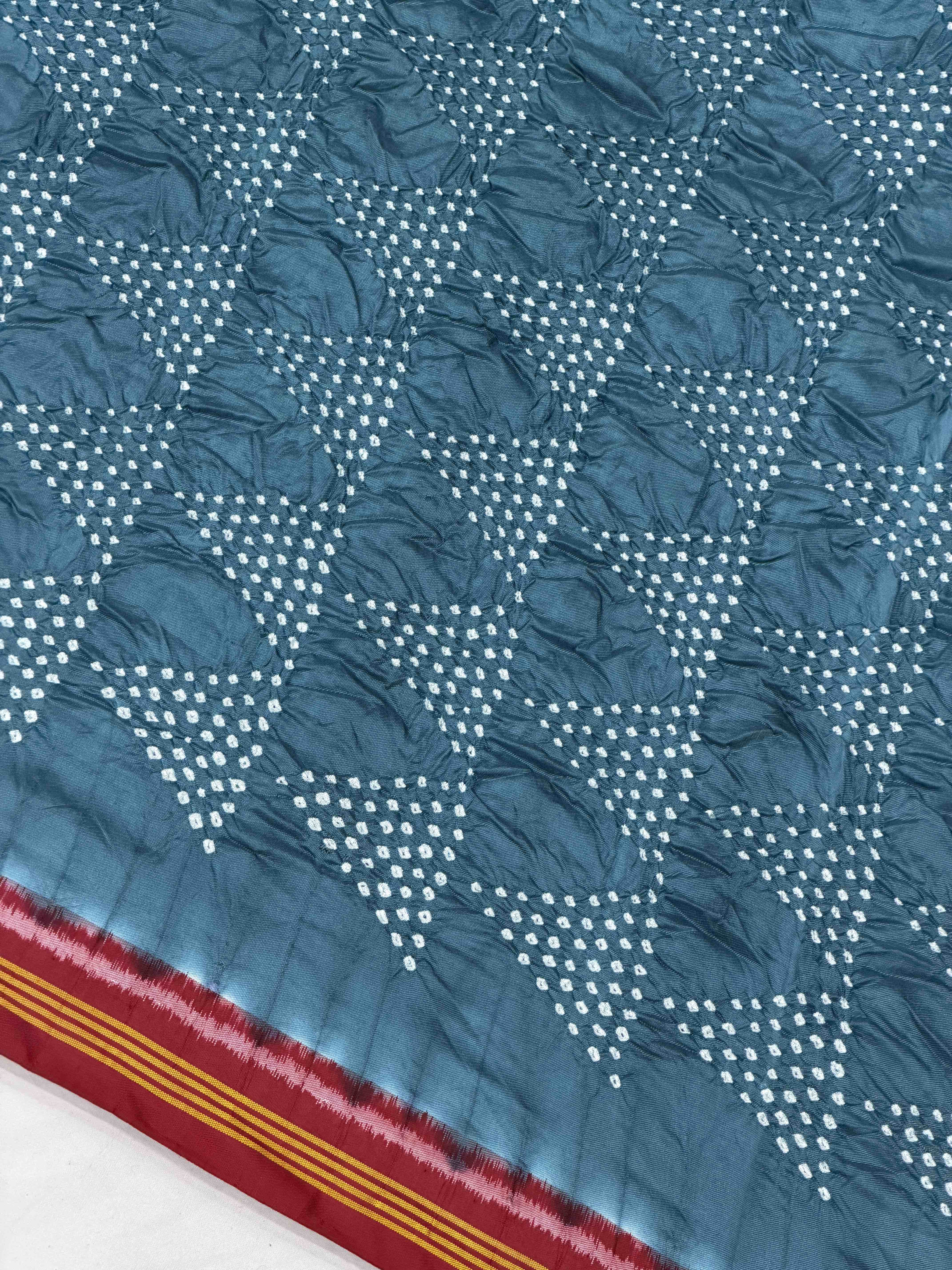 Red & Bluish Grey Semi double Ikat Patola Saree with Bandhani fusion