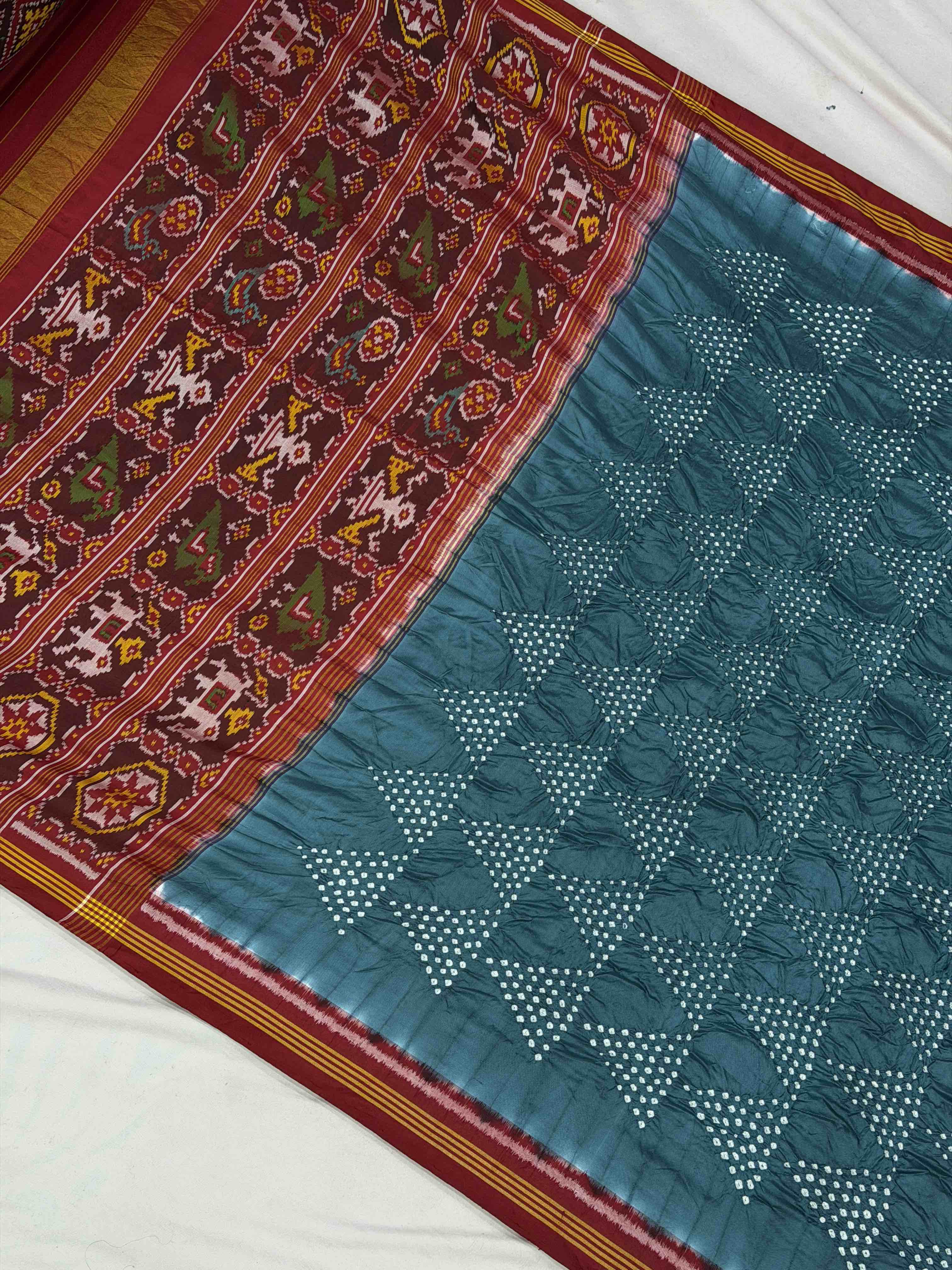 Red & Bluish Grey Semi double Ikat Patola Saree with Bandhani fusion