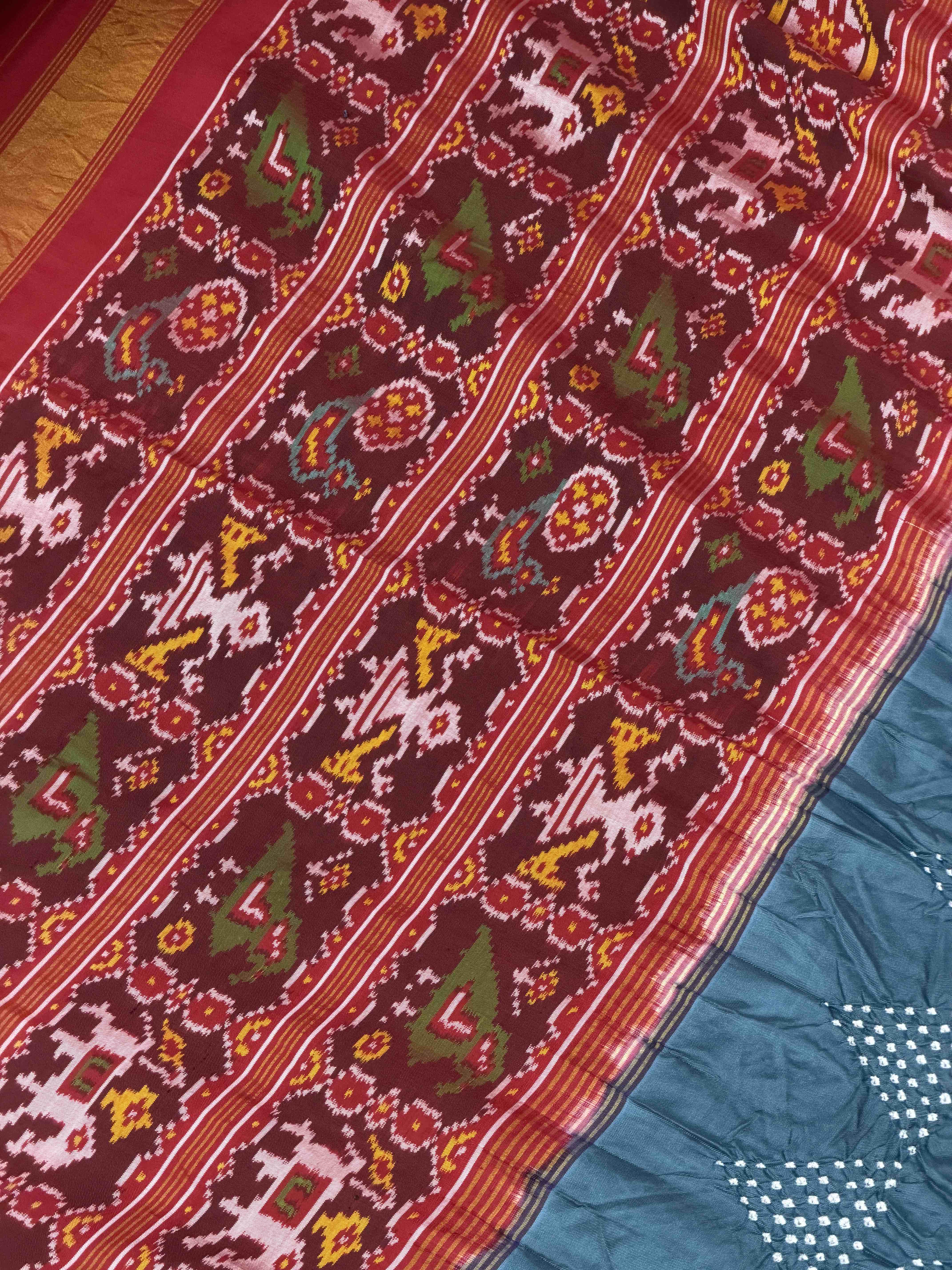 Red & Bluish Grey Semi double Ikat Patola Saree with Bandhani fusion