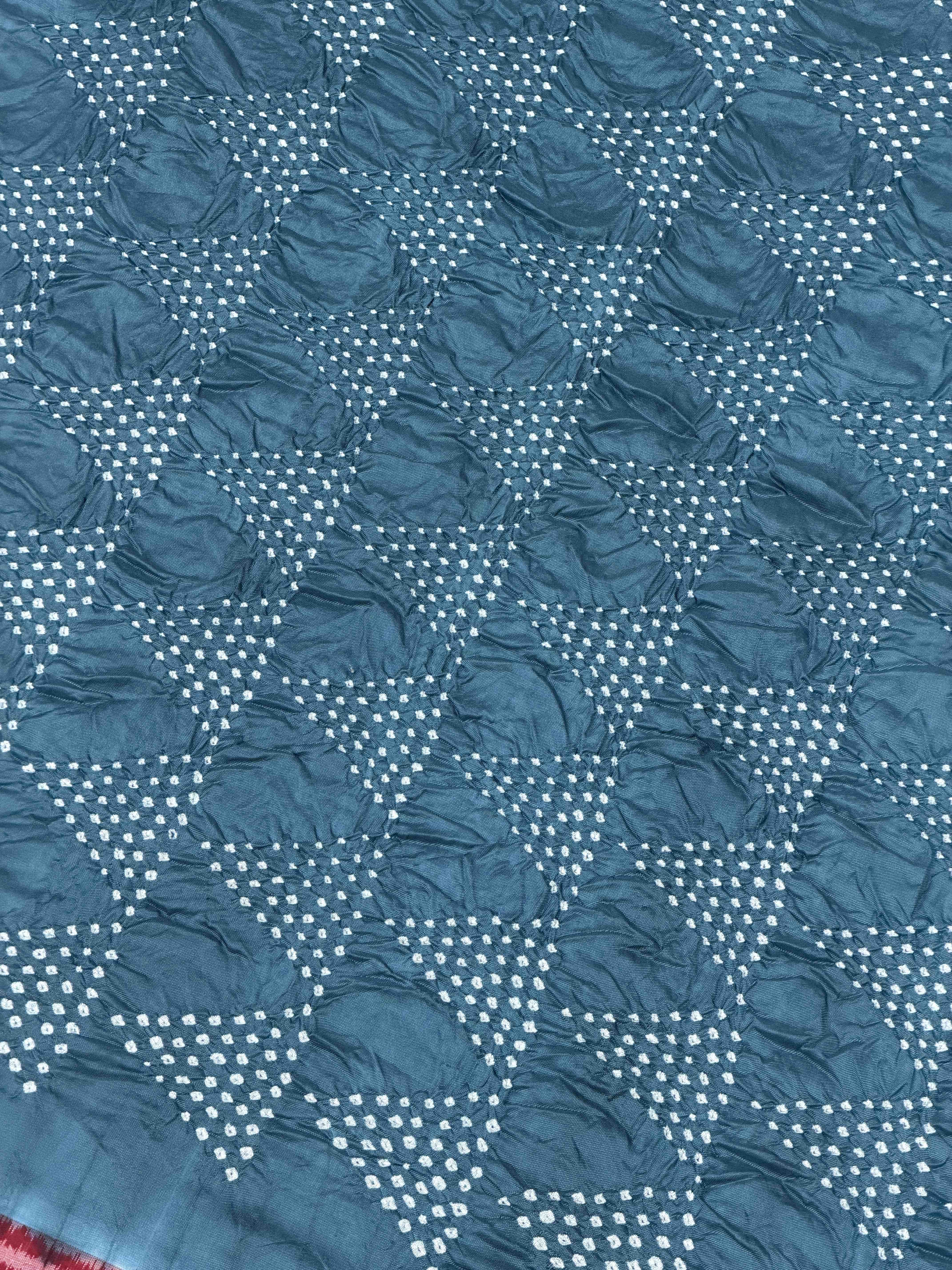 Red & Bluish Grey Semi double Ikat Patola Saree with Bandhani fusion