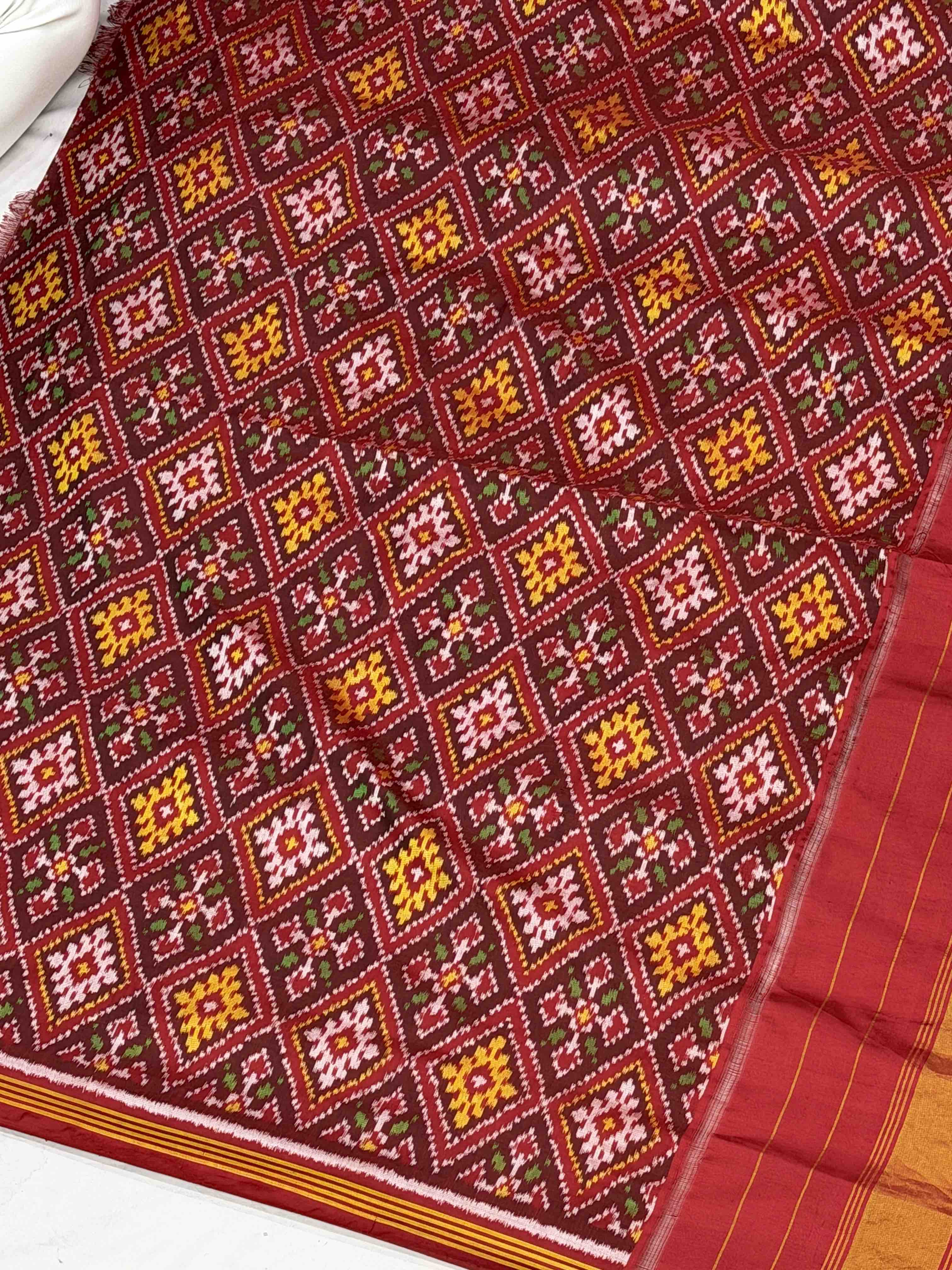 Red & Bluish Grey Semi double Ikat Patola Saree with Bandhani fusion