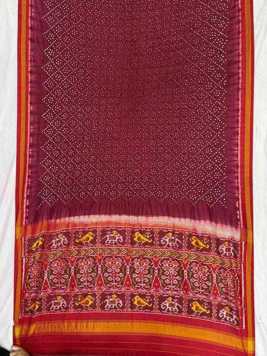 Maroon & Maroon Semi double ikat Bandhani Patola Saree