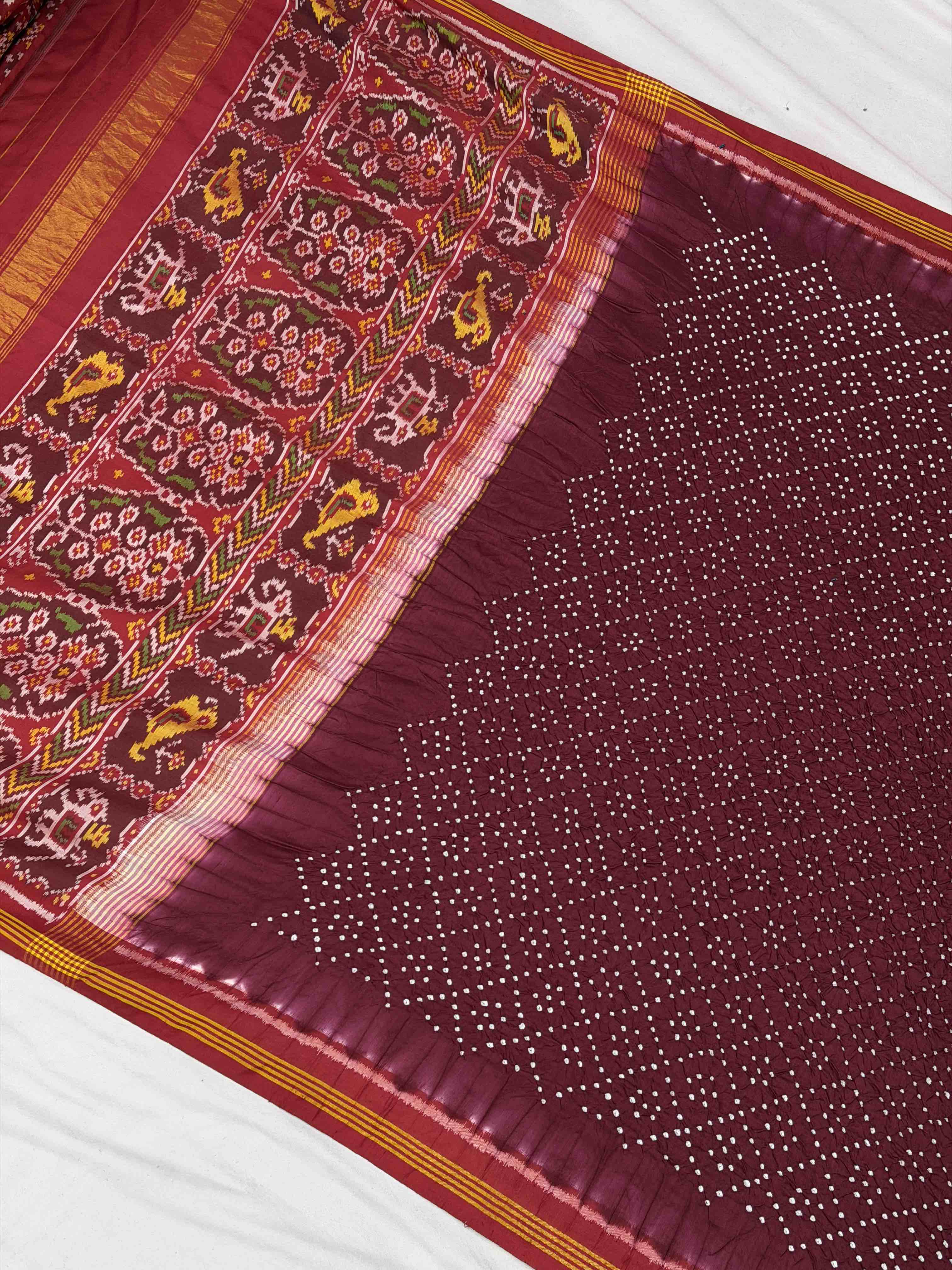 Maroon & Maroon Semi double ikat Bandhani Patola Saree