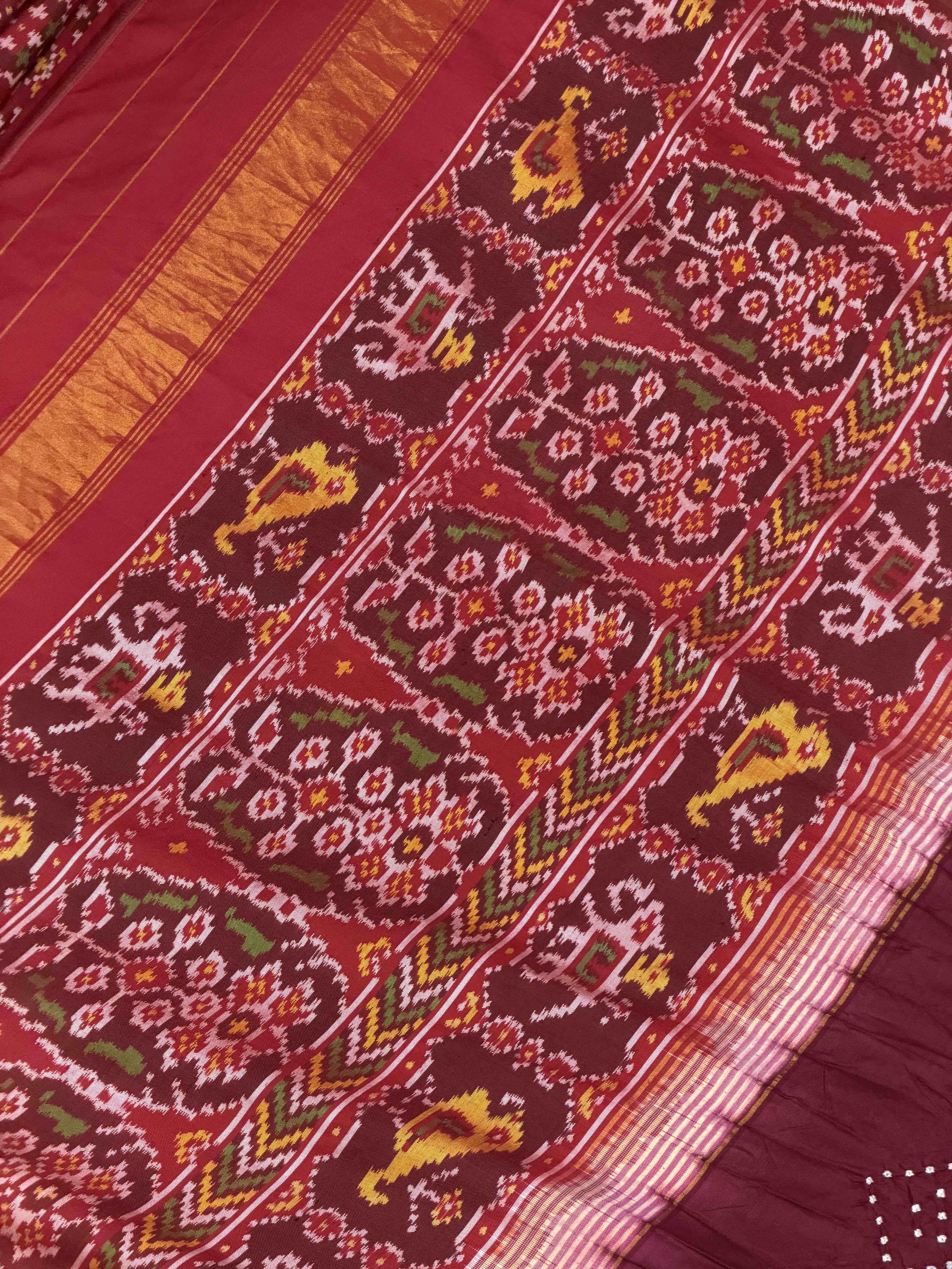 Maroon & Maroon Semi double ikat Bandhani Patola Saree