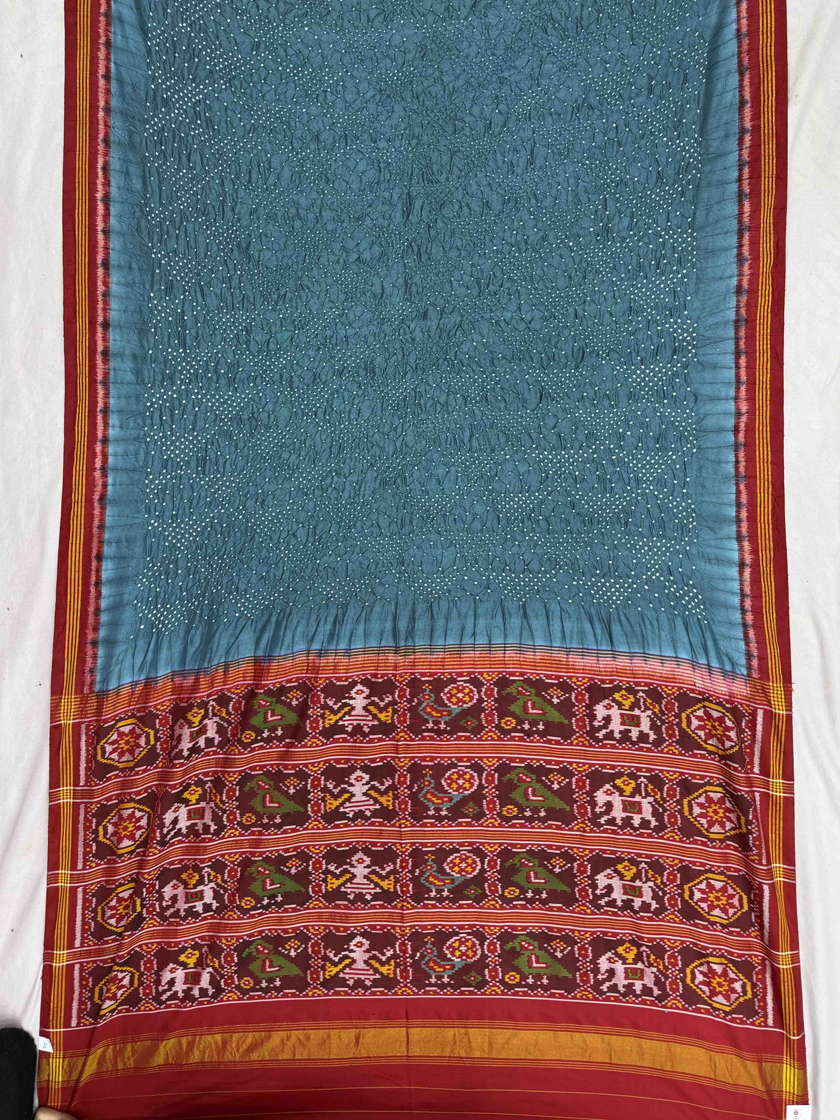 Red & Bluish grey Semi patan Patola Bandhani fusion