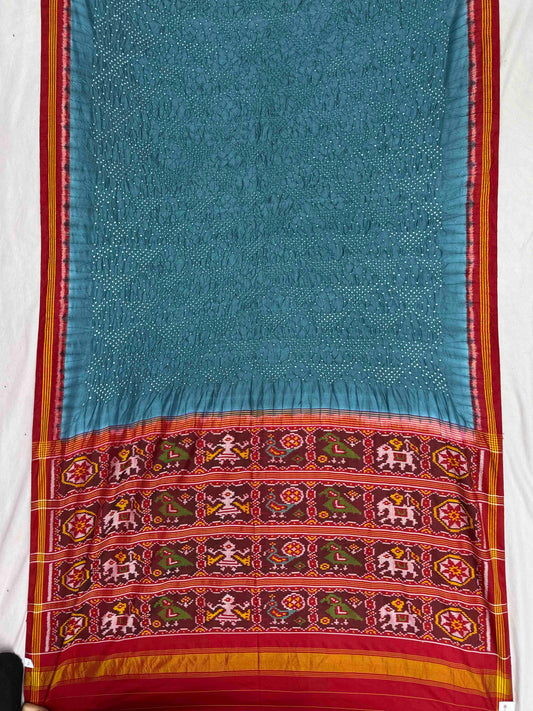 Red & Bluish grey Semi patan Patola Bandhani fusion