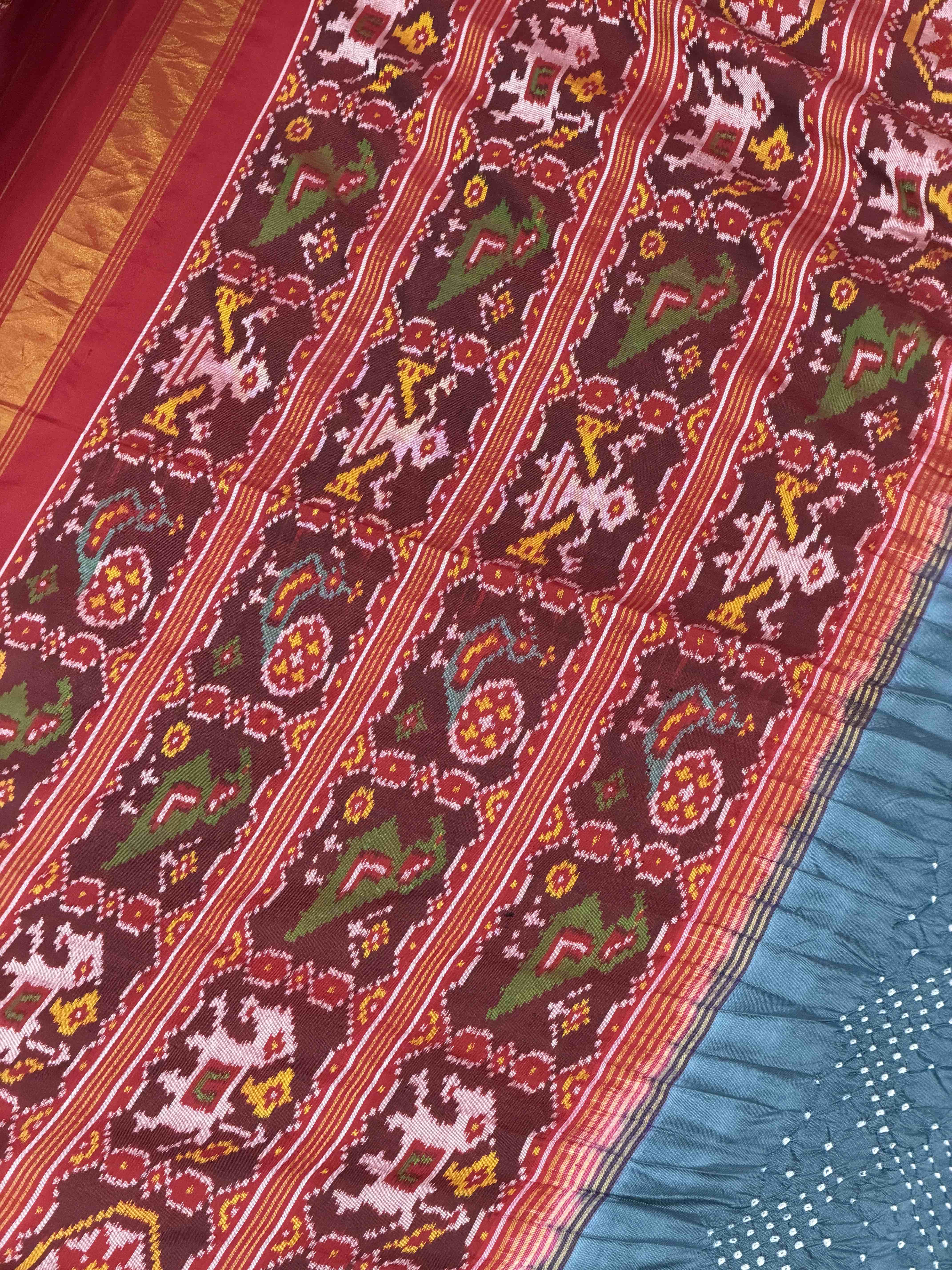 Red & Bluish grey Semi patan Patola Bandhani fusion