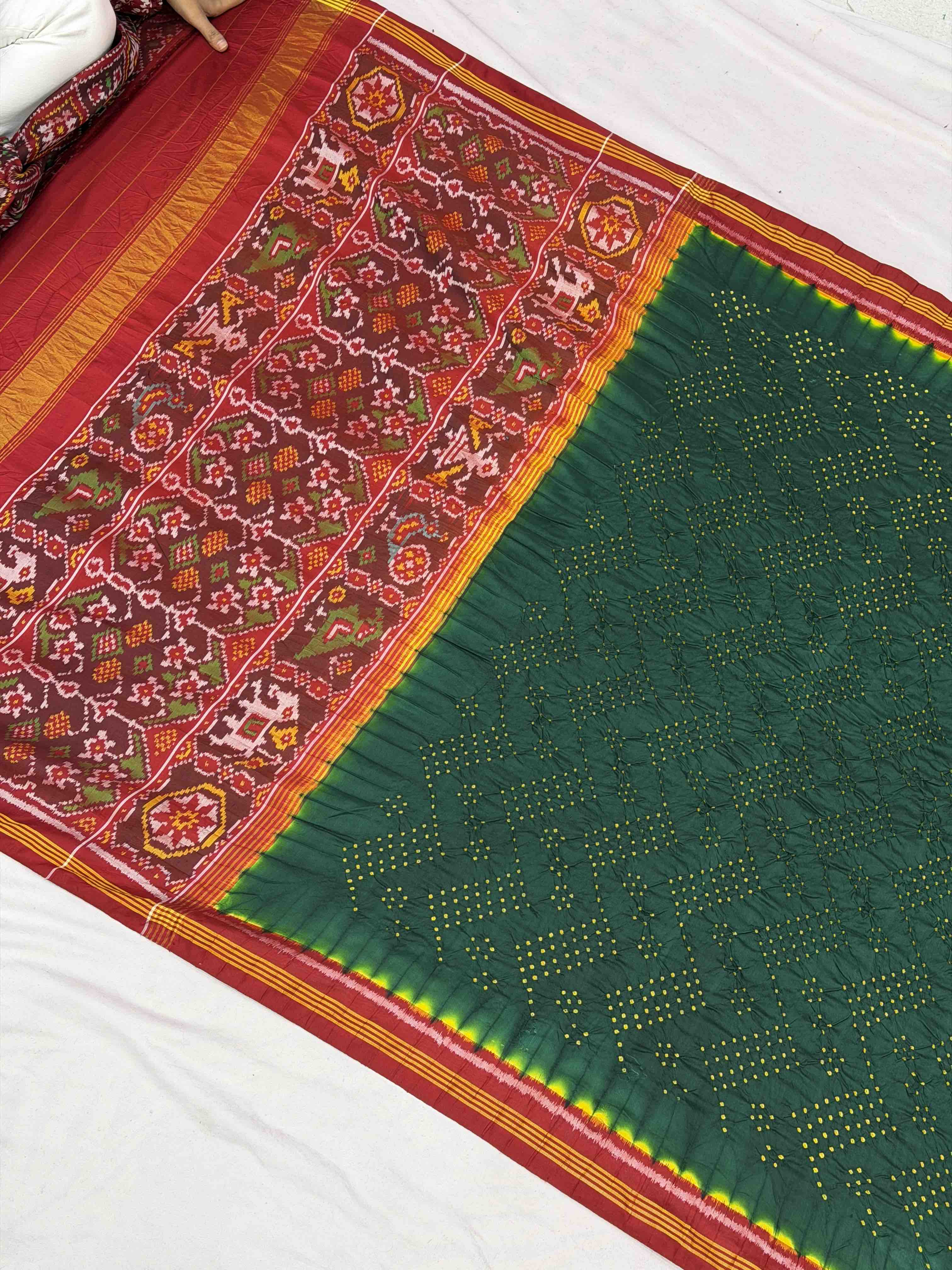 Red & Green Semi Patan Bandhani Patola Saree