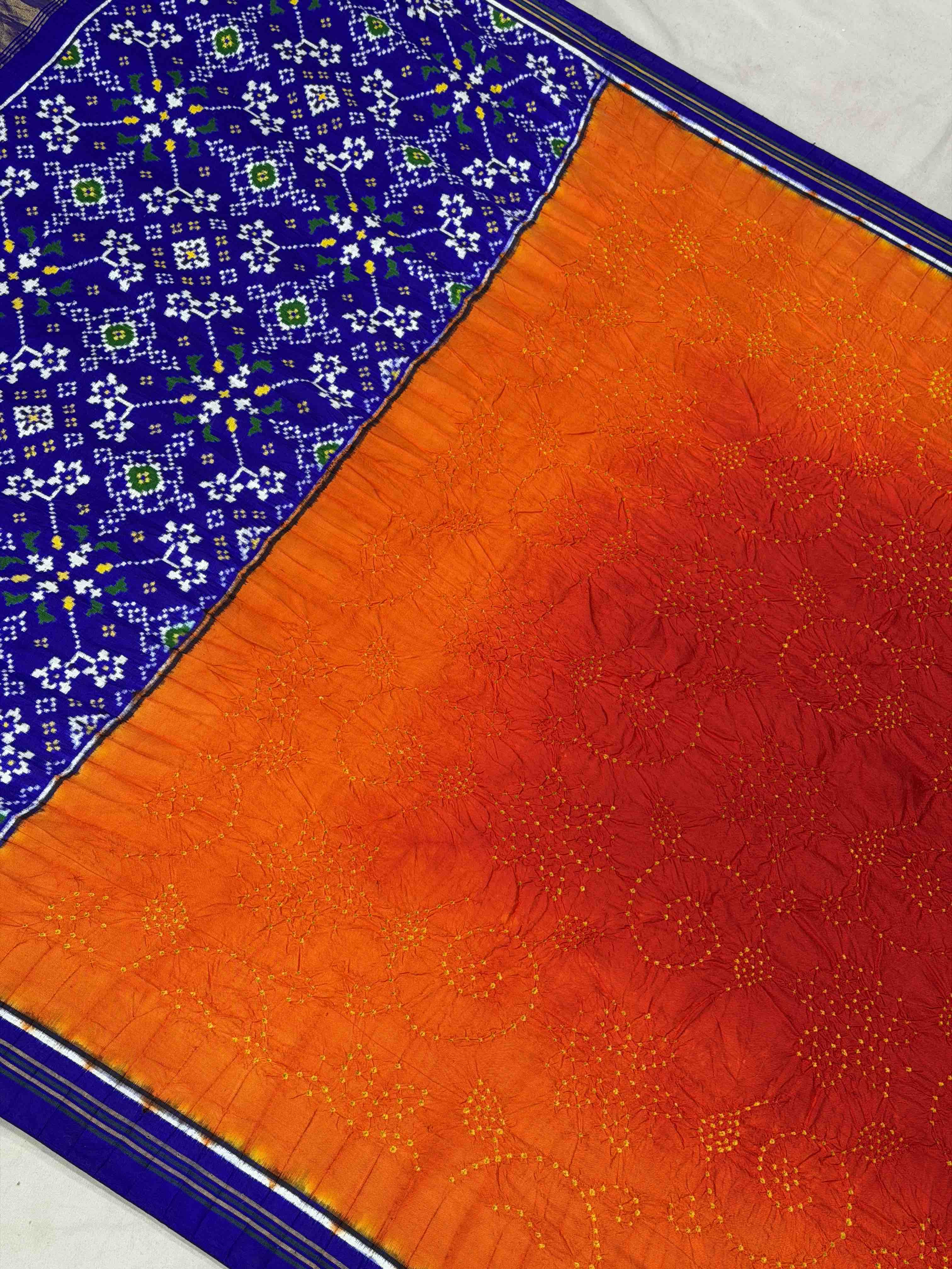 Blue with combination of Red & orange double ikat Patola with Bandhani