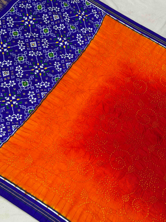 Blue with combination of Red & orange double ikat Patola with Bandhani