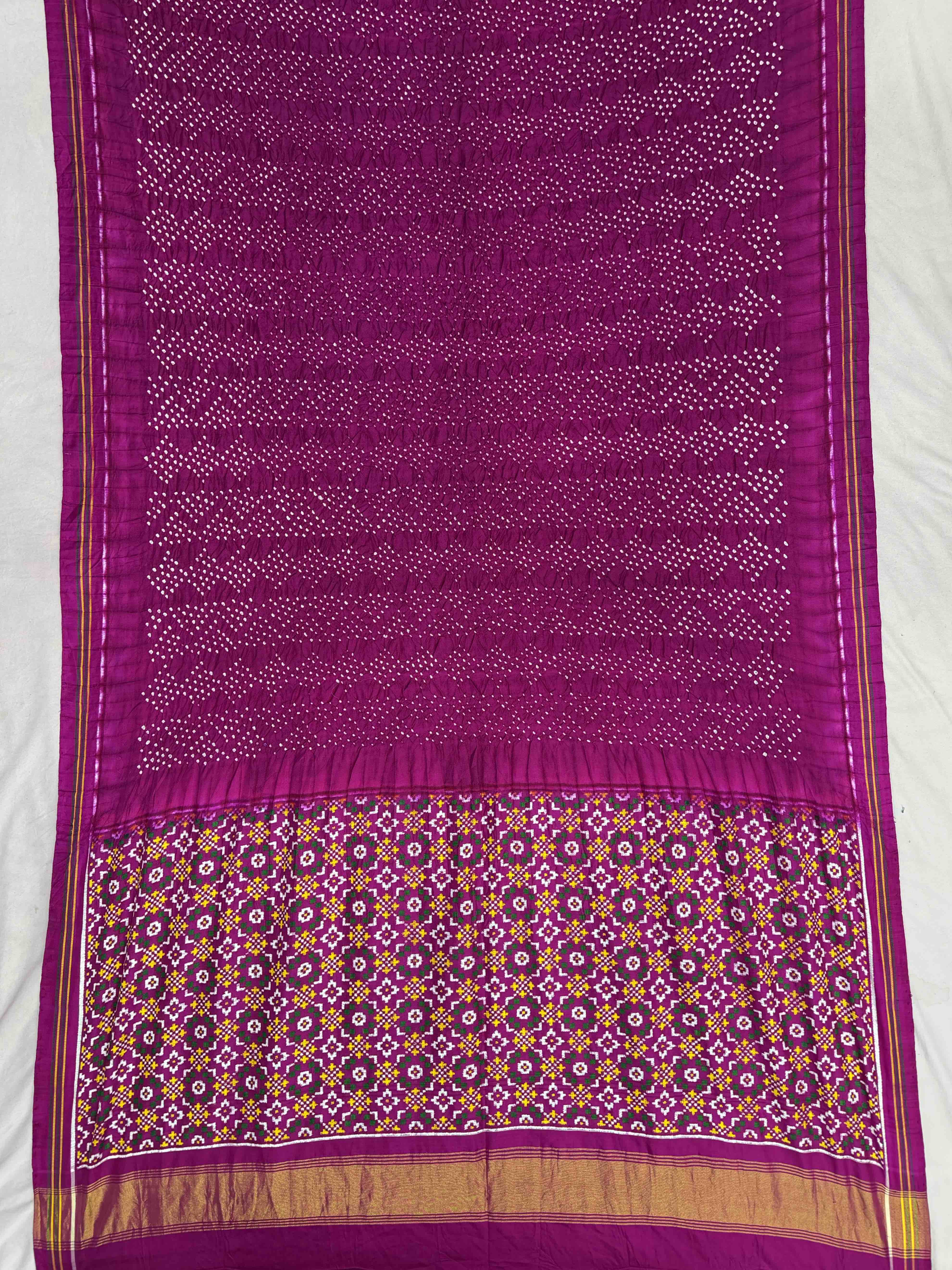 Pink button full pallu blouse patan Patola Bandhani fusion saree