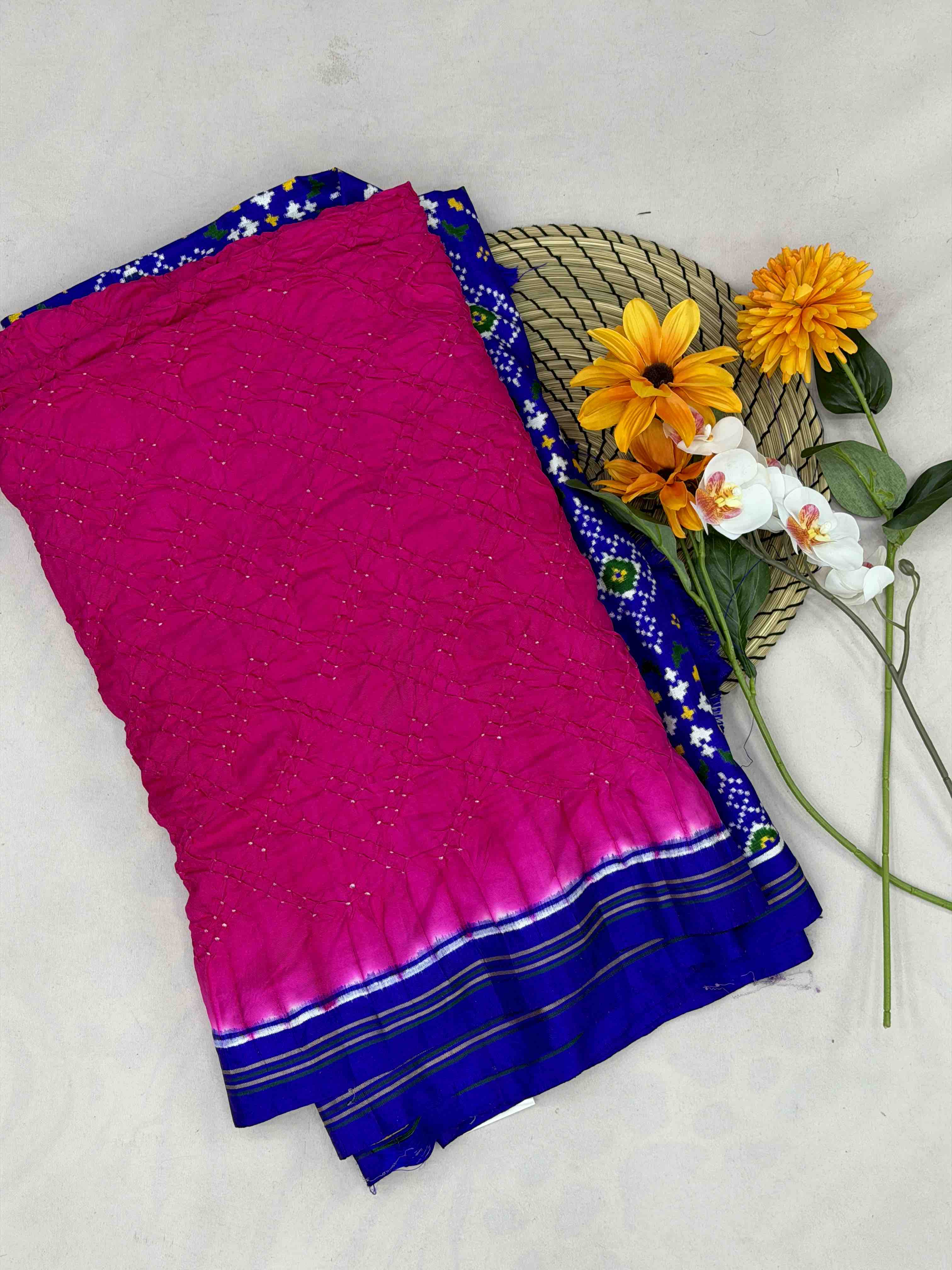 Blue & Pink Navratan Pallu Blouse Patan Patola Bandhani saree