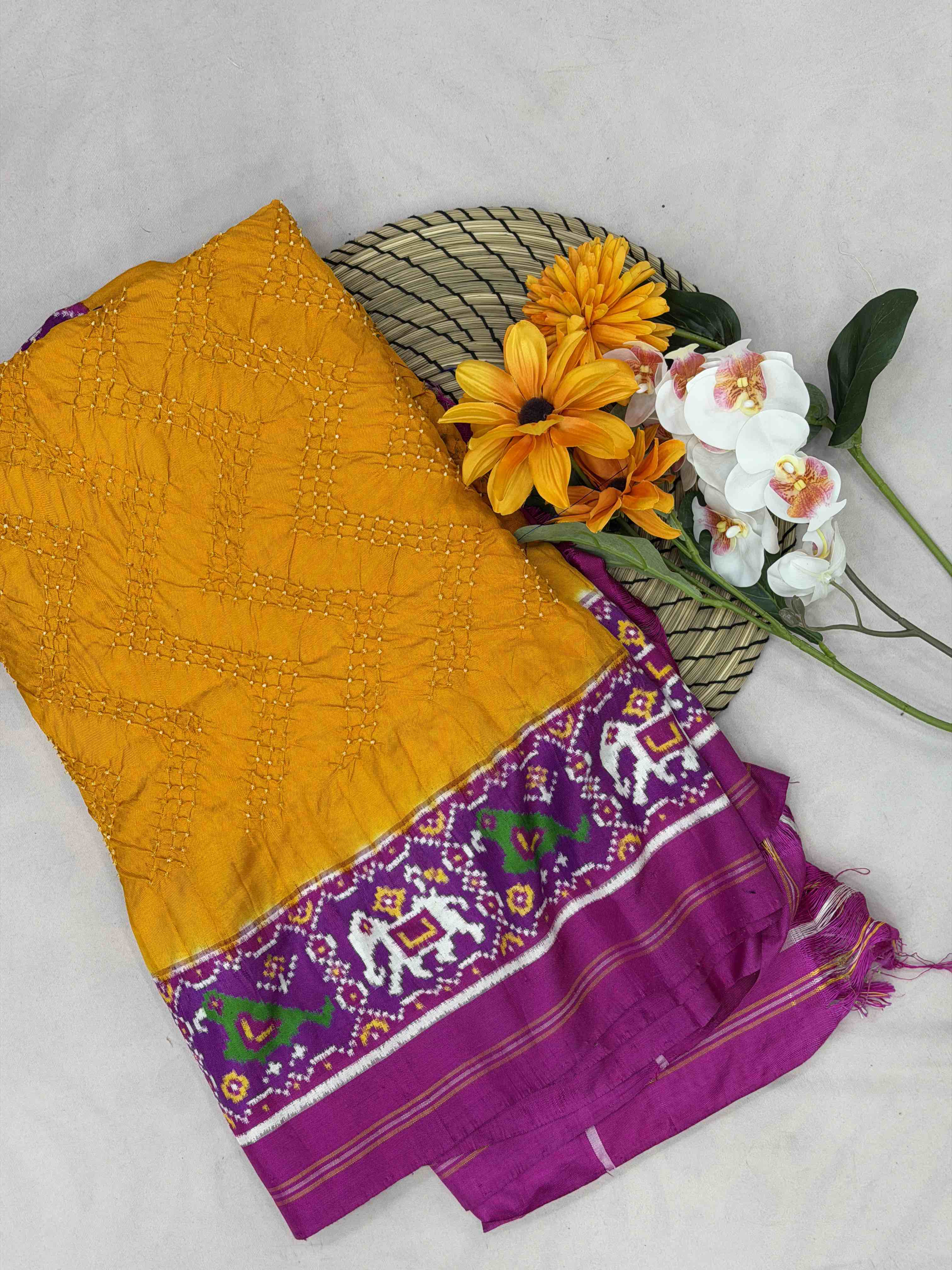 Yellow & Pink Patan Patola with bandhani fusion