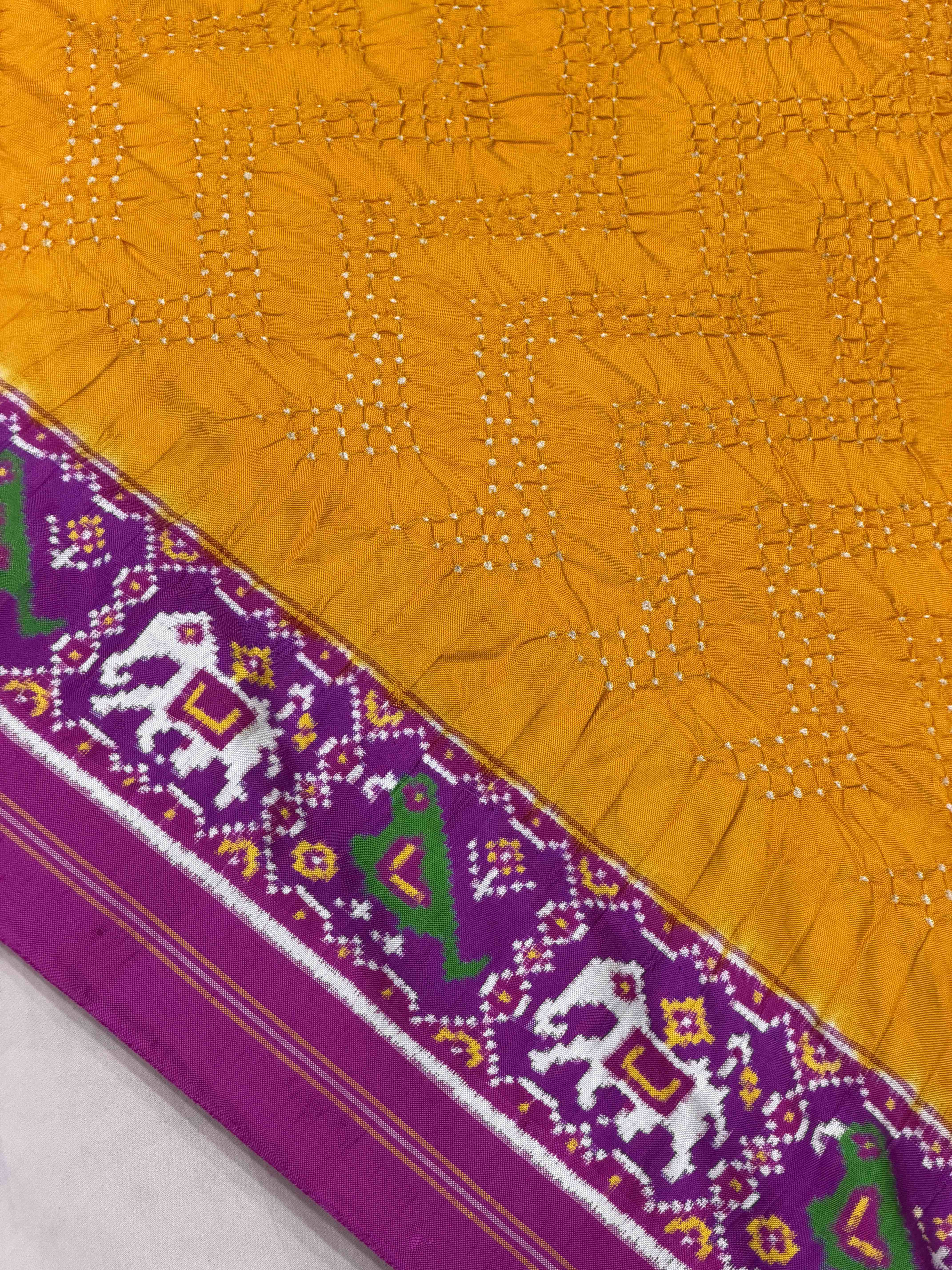 Yellow & Pink Patan Patola with bandhani fusion