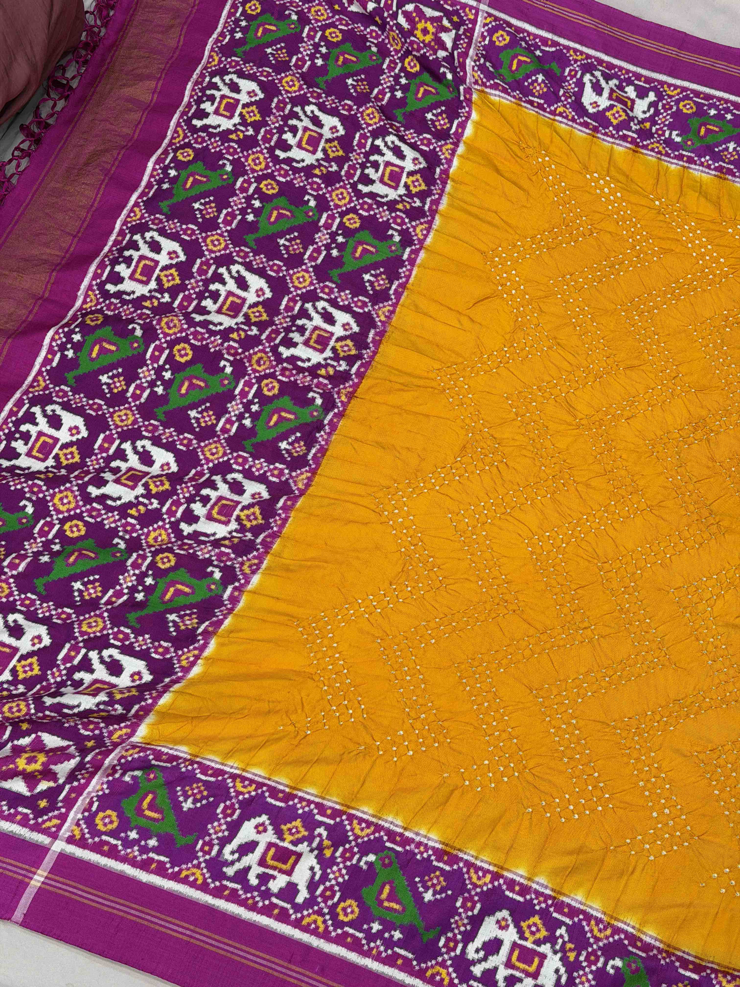 Yellow & Pink Patan Patola with bandhani fusion