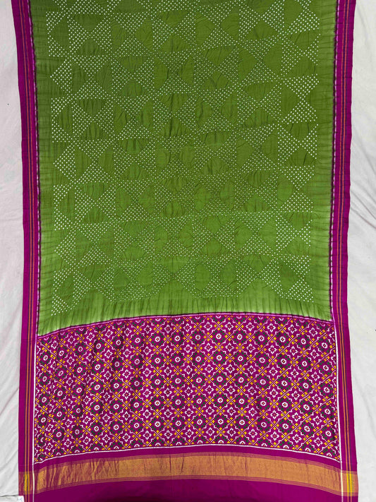 Pink & Parrot Green Patan Patola Bandhani saree