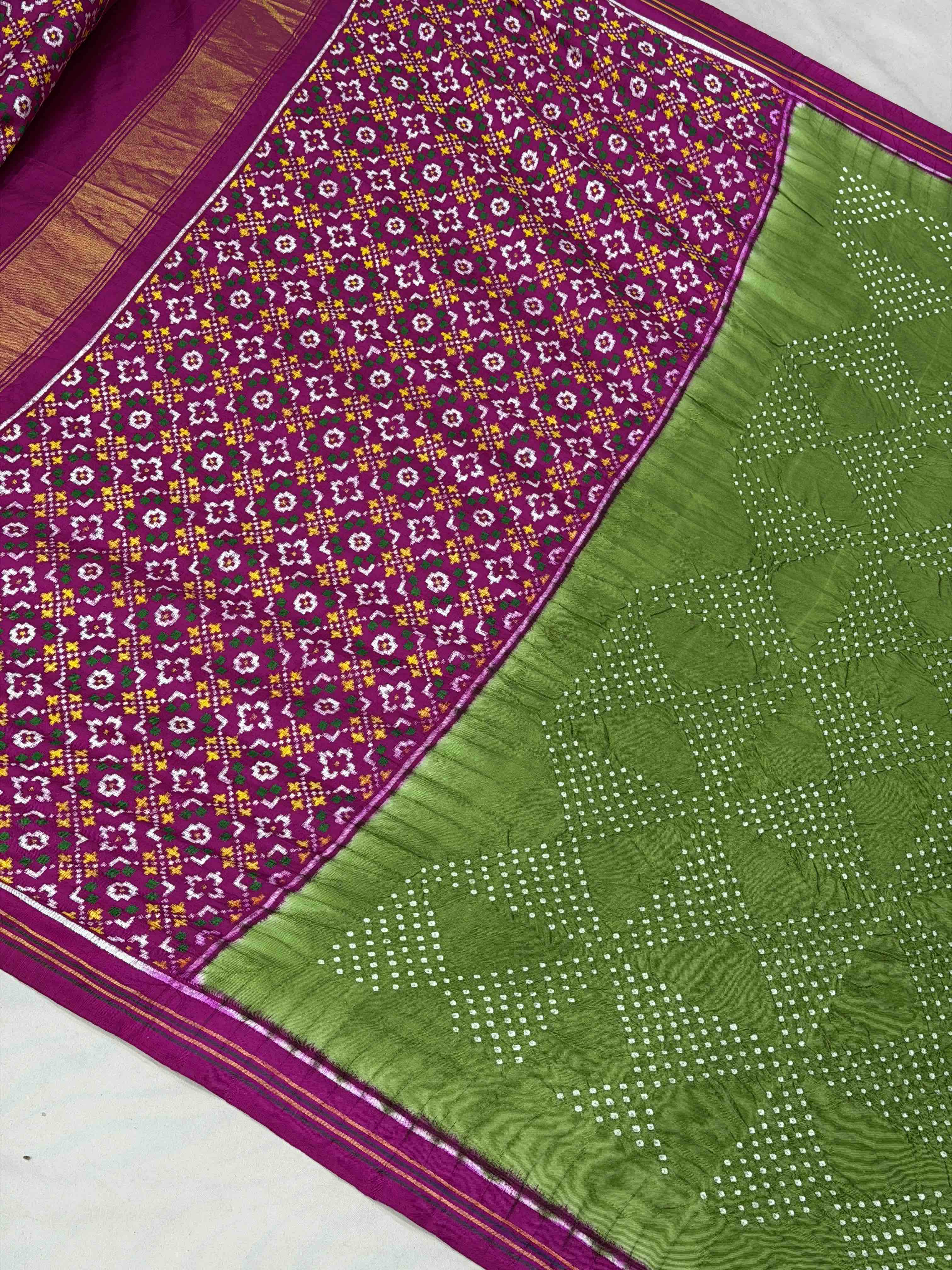 Pink & Parrot Green Patan Patola Bandhani saree