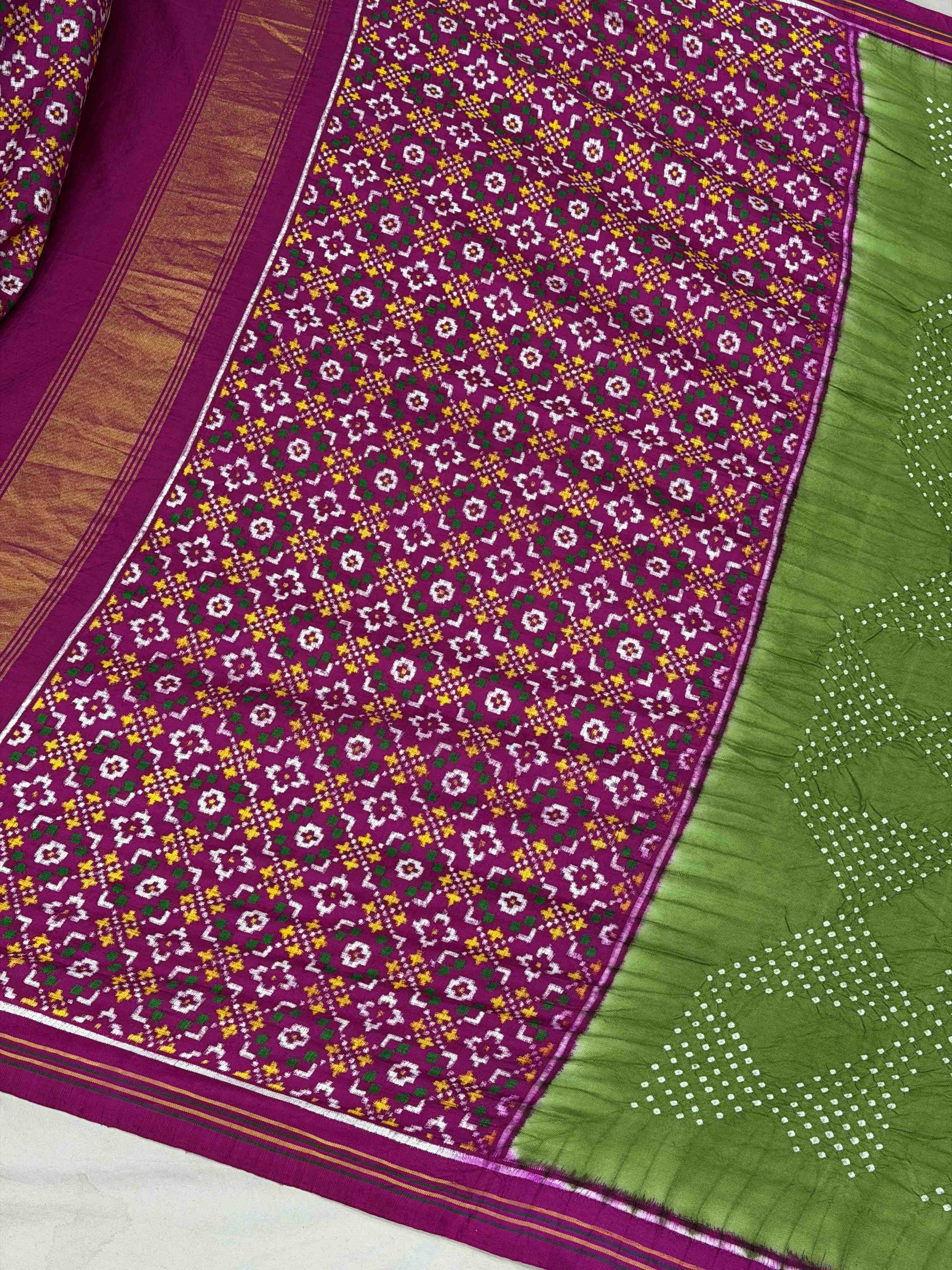 Pink & Parrot Green Patan Patola Bandhani saree