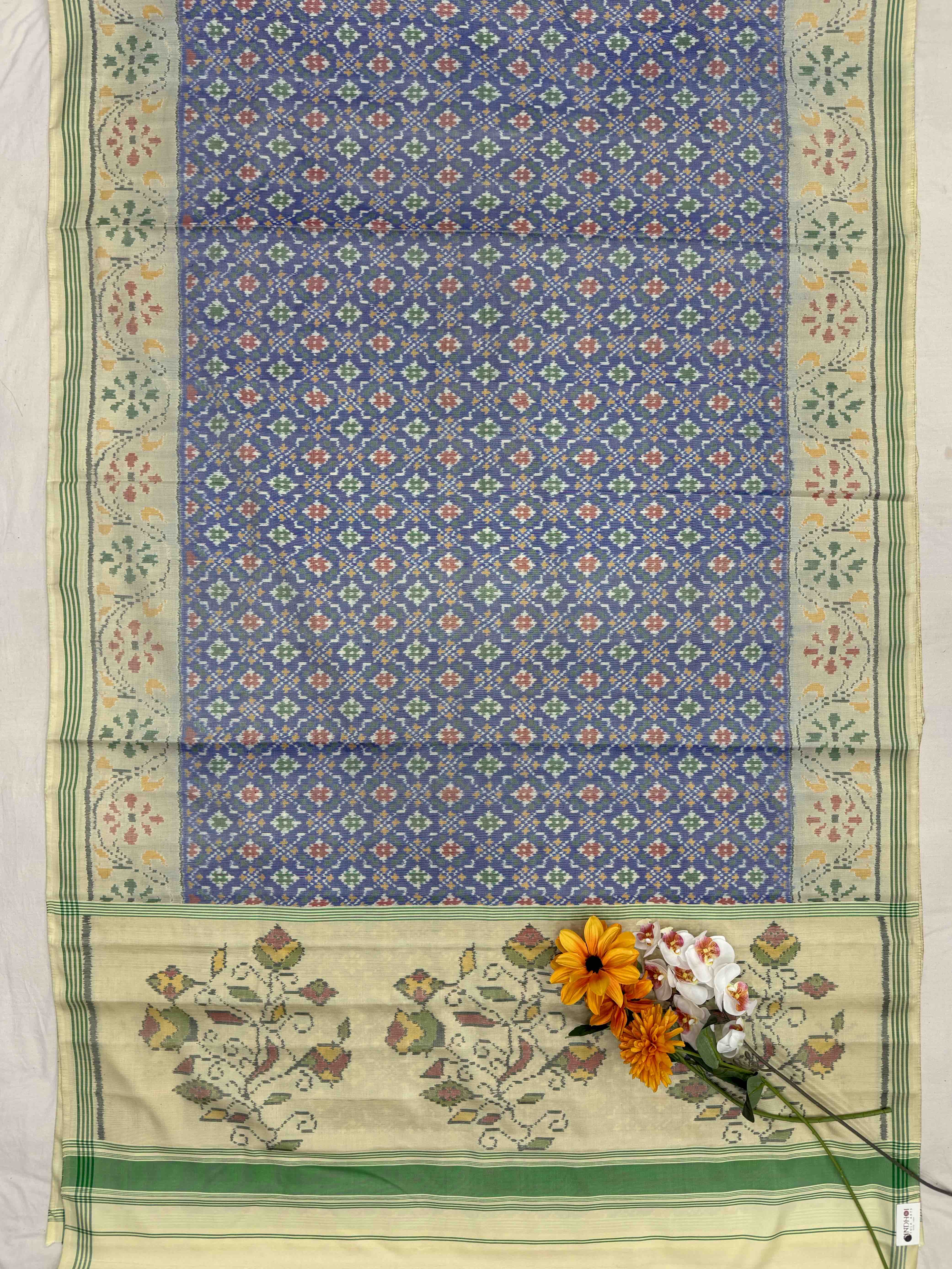 Off white & Light blue Button ful design Single ikat Patola Sarees